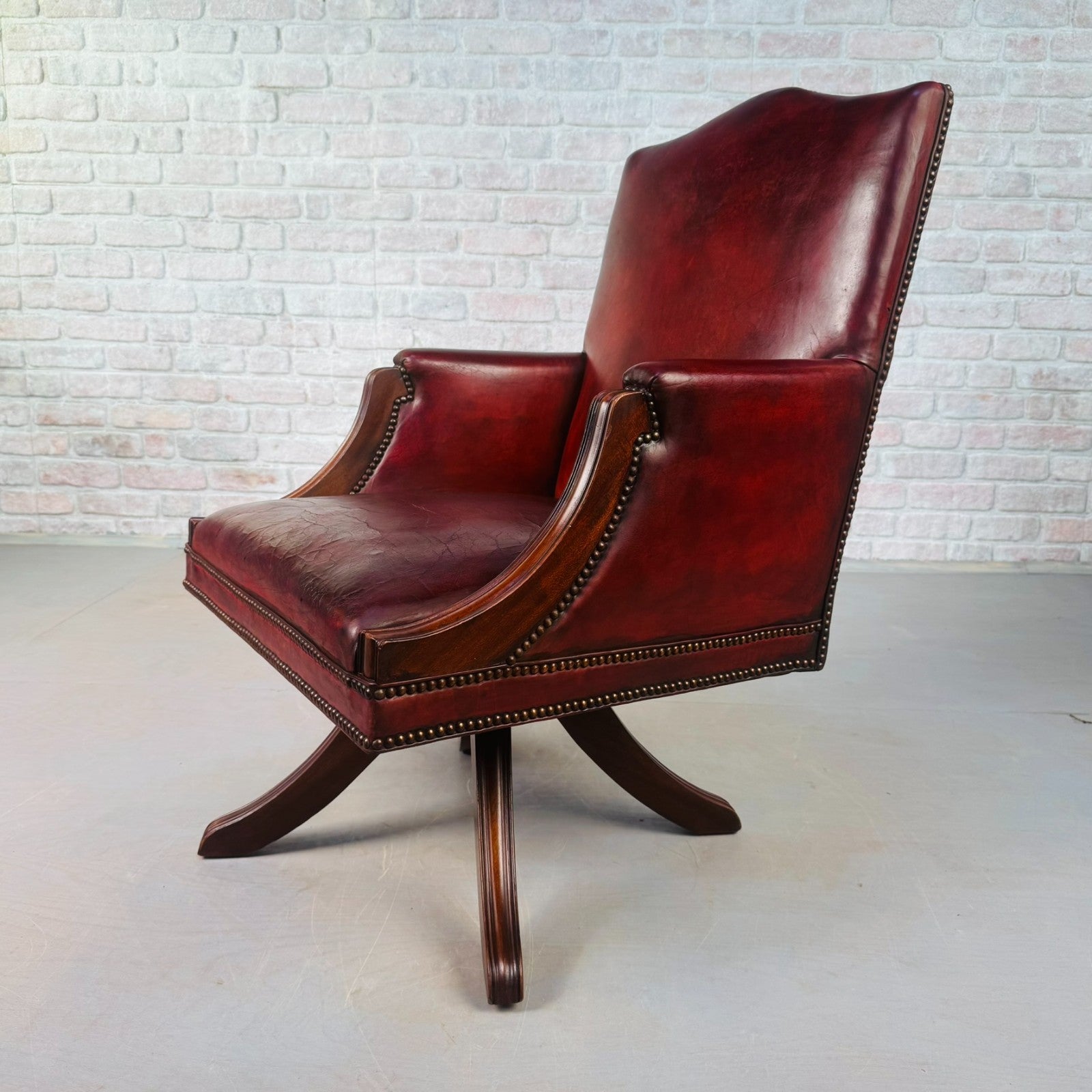 English Vintage Deep Red Leather Swivel Office Desk Chair