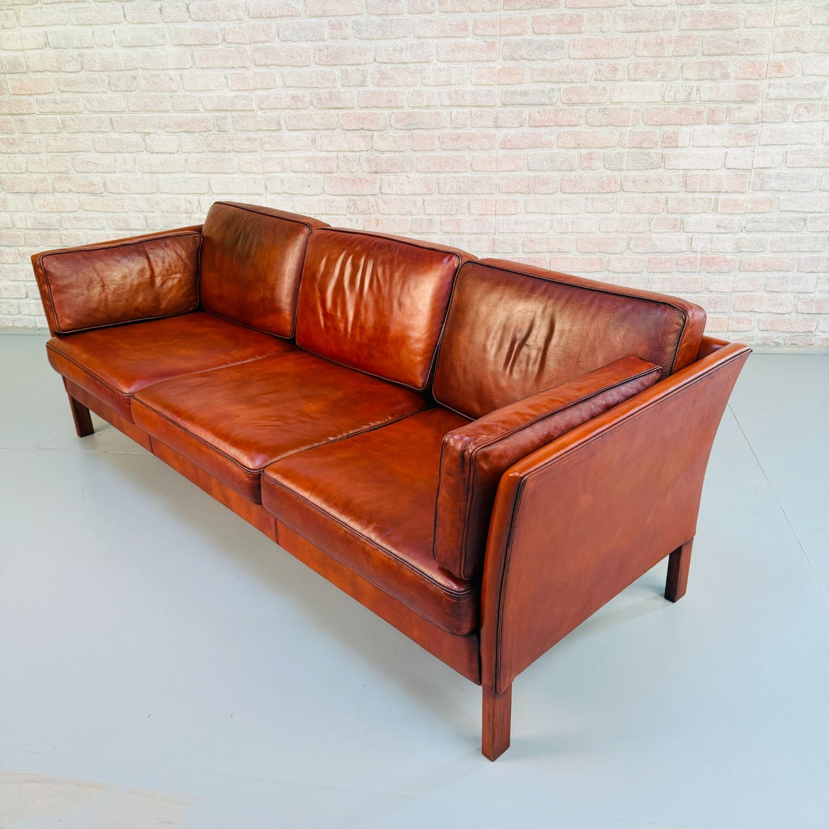 1970s Vintage Danish Tan Cognac Leather 3 Seater Sofa – Hand Dyed Patina
