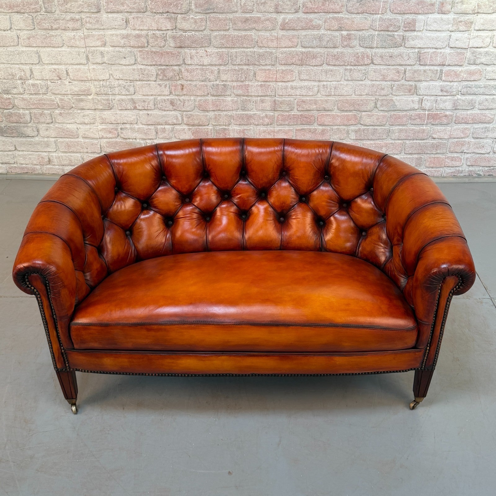 Vintage Neat Chesterfield Tan Hand-Dyed Leather Two Seater Sofa