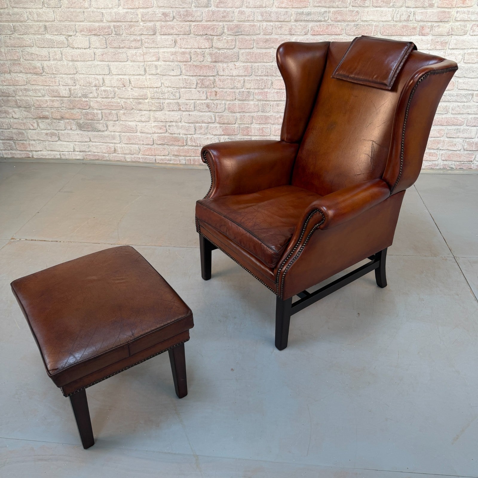 Vintage Danish Dark Tan Hand-Dyed Leather Wingback Chair & Matching Footstool