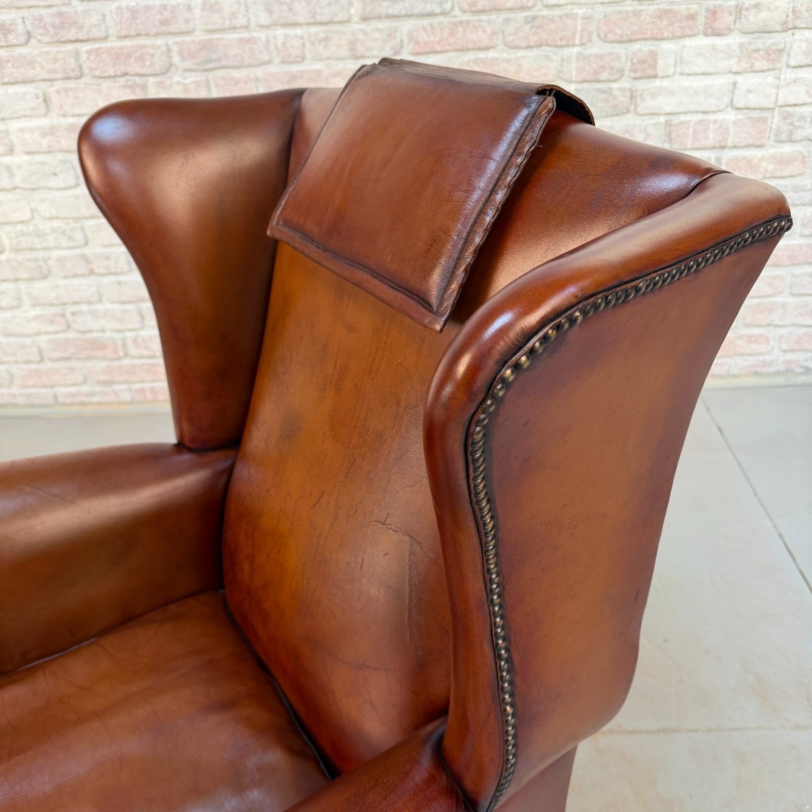 Vintage Danish Dark Tan Hand-Dyed Leather Wingback Chair & Matching Footstool
