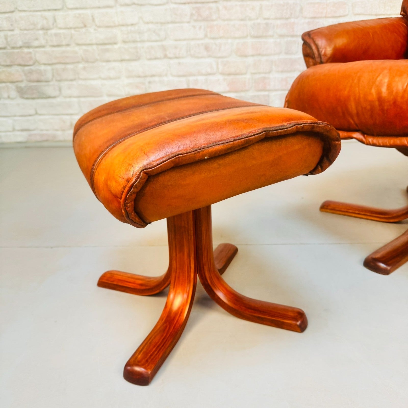 Vintage Danish Reclining Swivel Chair & Footstool | Hand Dyed Tan Leather