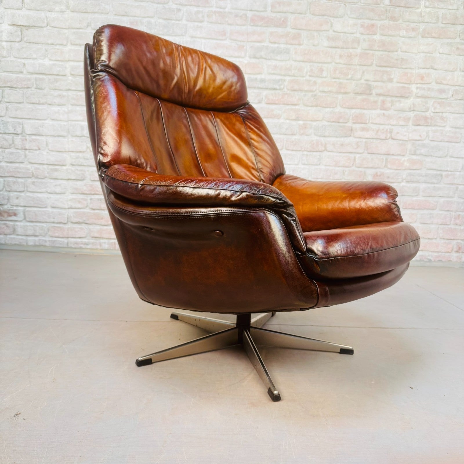 Vintage Danish Tan Leather Swivel Chair