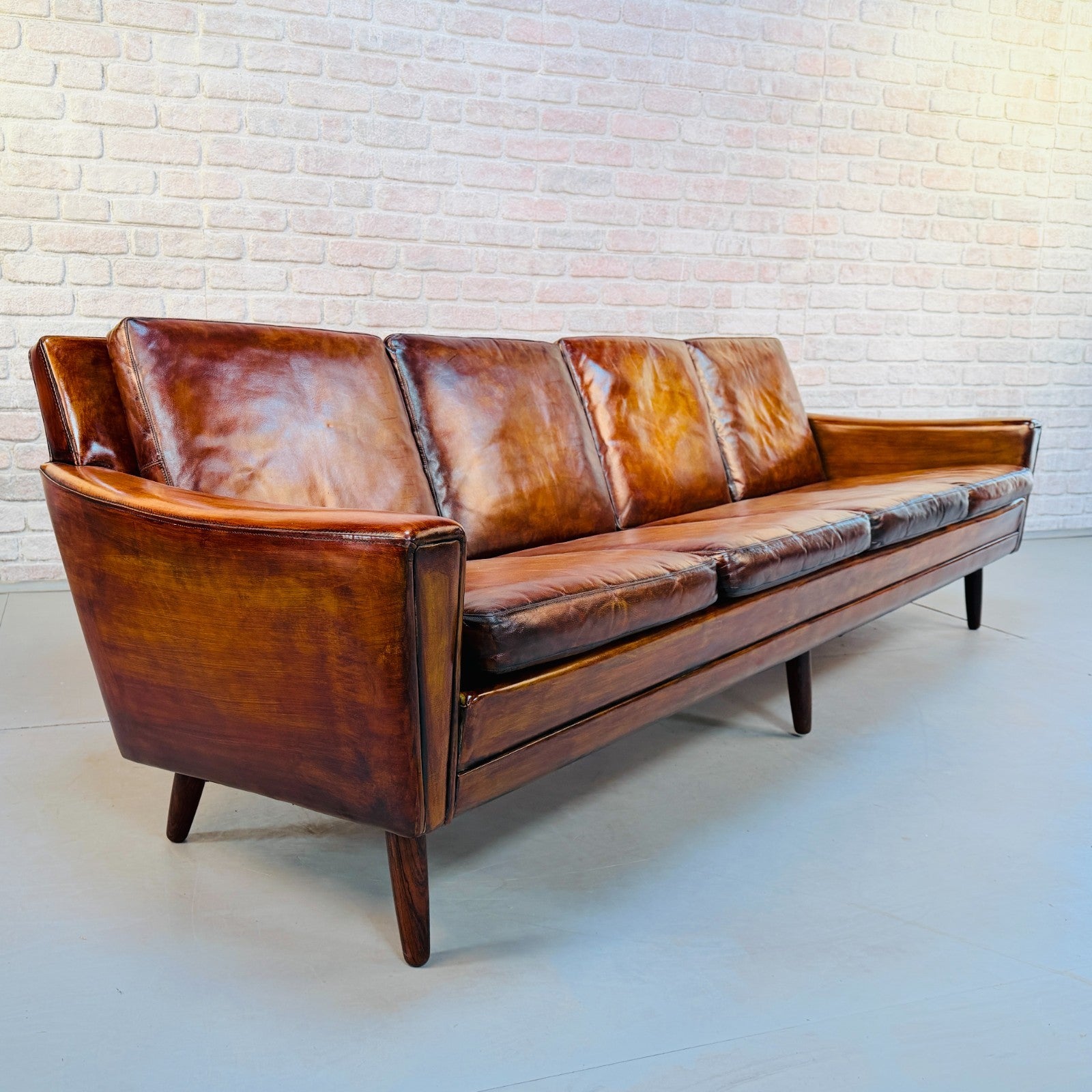 Vintage 1970s Danish George Thams Tan Hand-Dyed Leather Four Seater Sofa