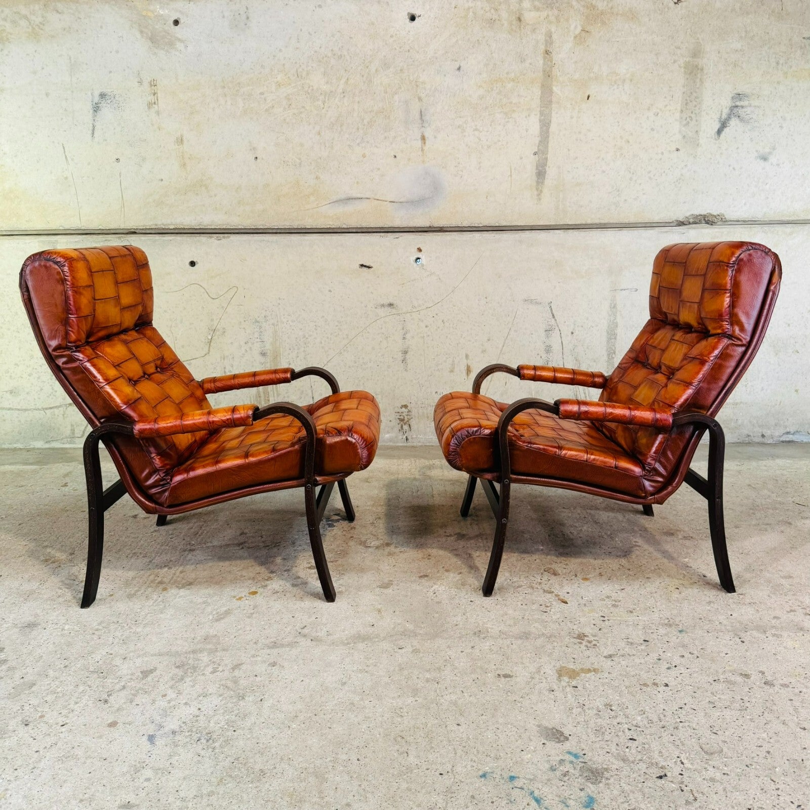 Pair of 1970s Danish Vintage Patchwork Tan Leather Bentwood Chairs