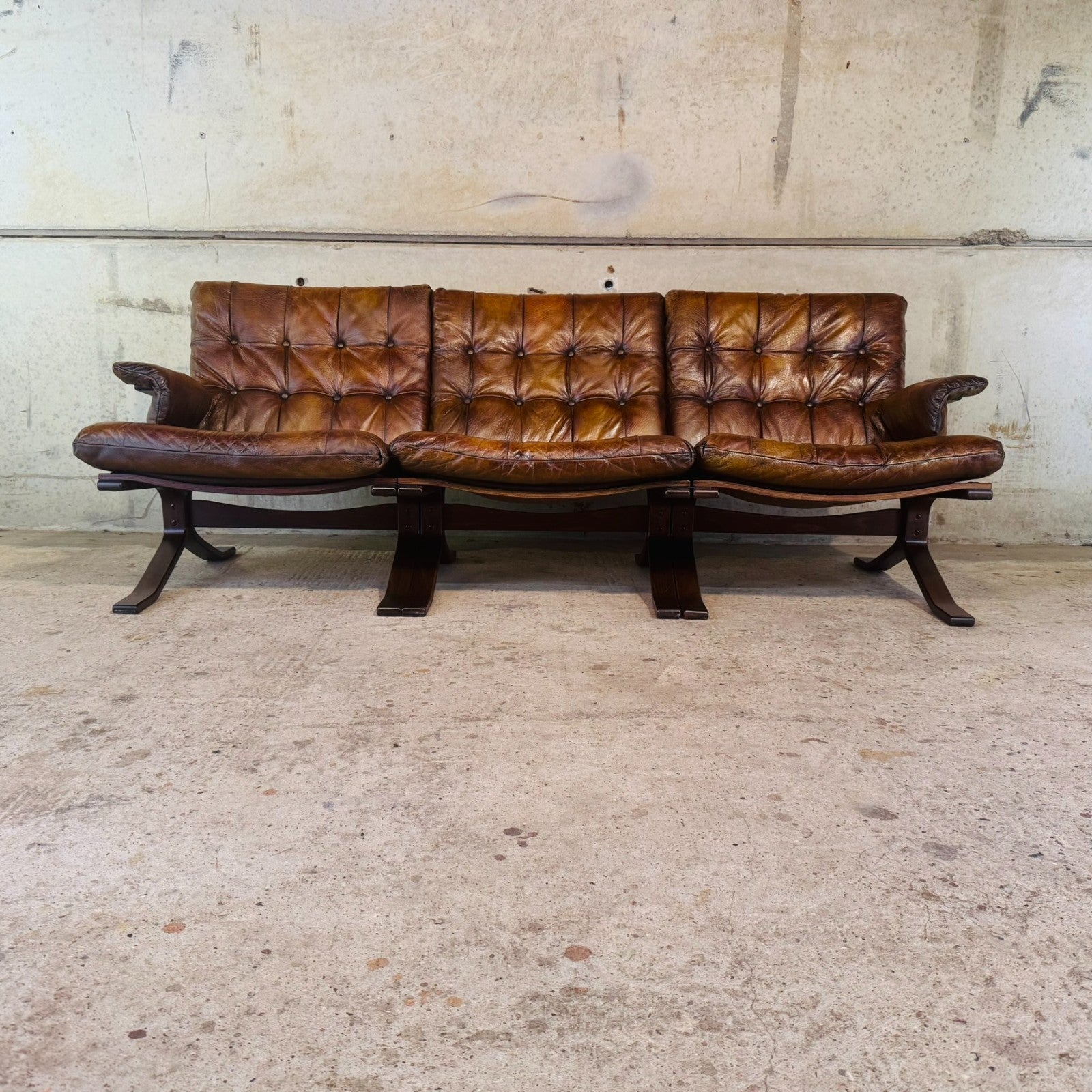 1970s Norwegian Tan Leather Three-Seater Sofa — Rustic Bentwood Frame