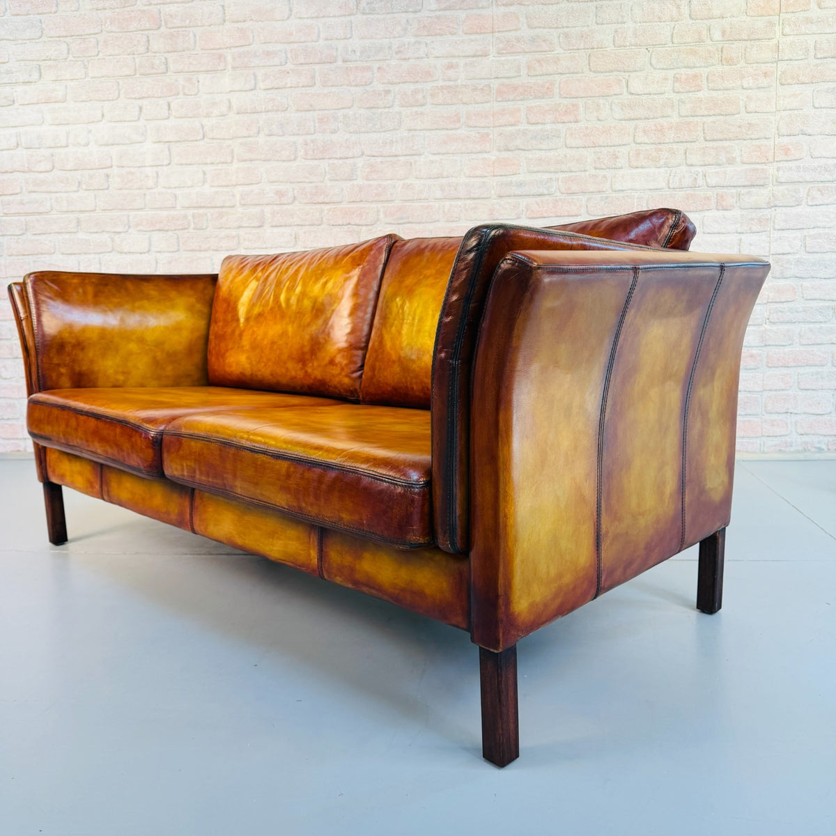 Vintage Danish Hand Dyed Tan Leather 2.5 Seater Sofa Mid Century