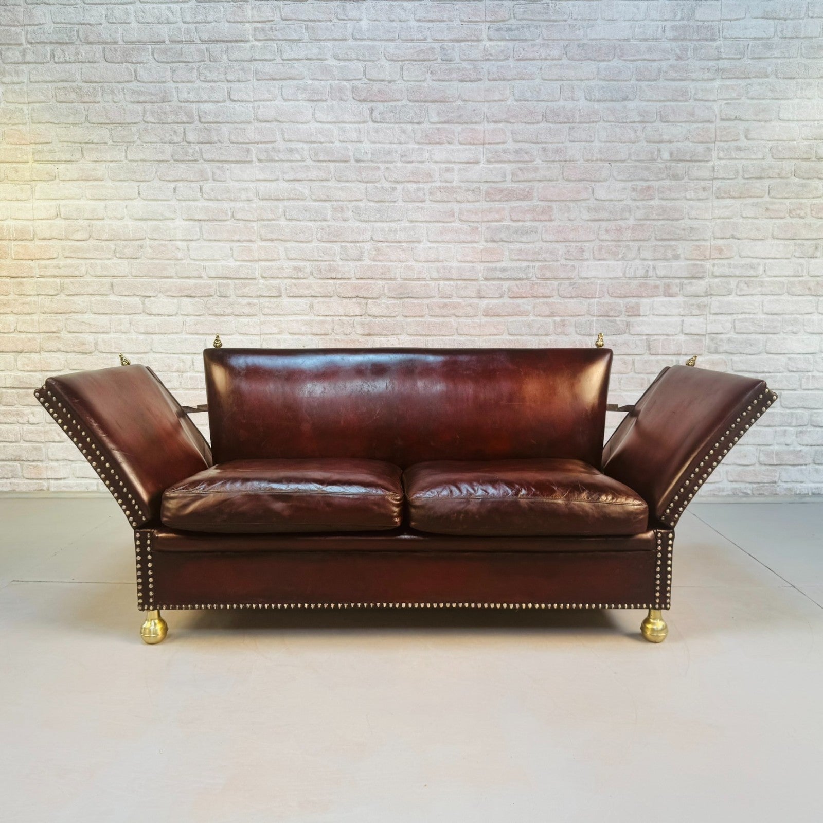 Vintage Danish Knole Style Two Seater Chestnut Brown Leather Sofa