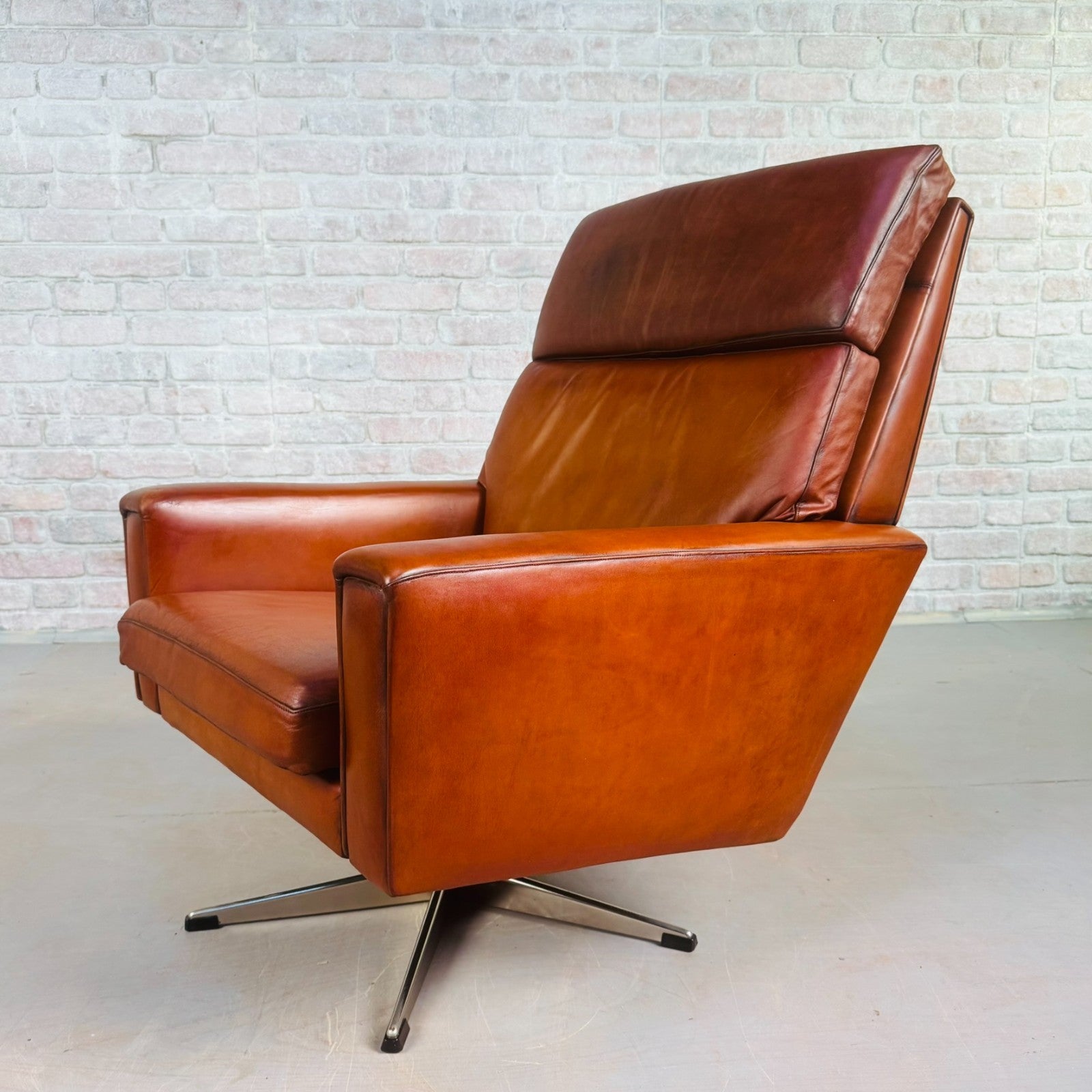 Vintage Danish Tan Leather Swivel Armchair