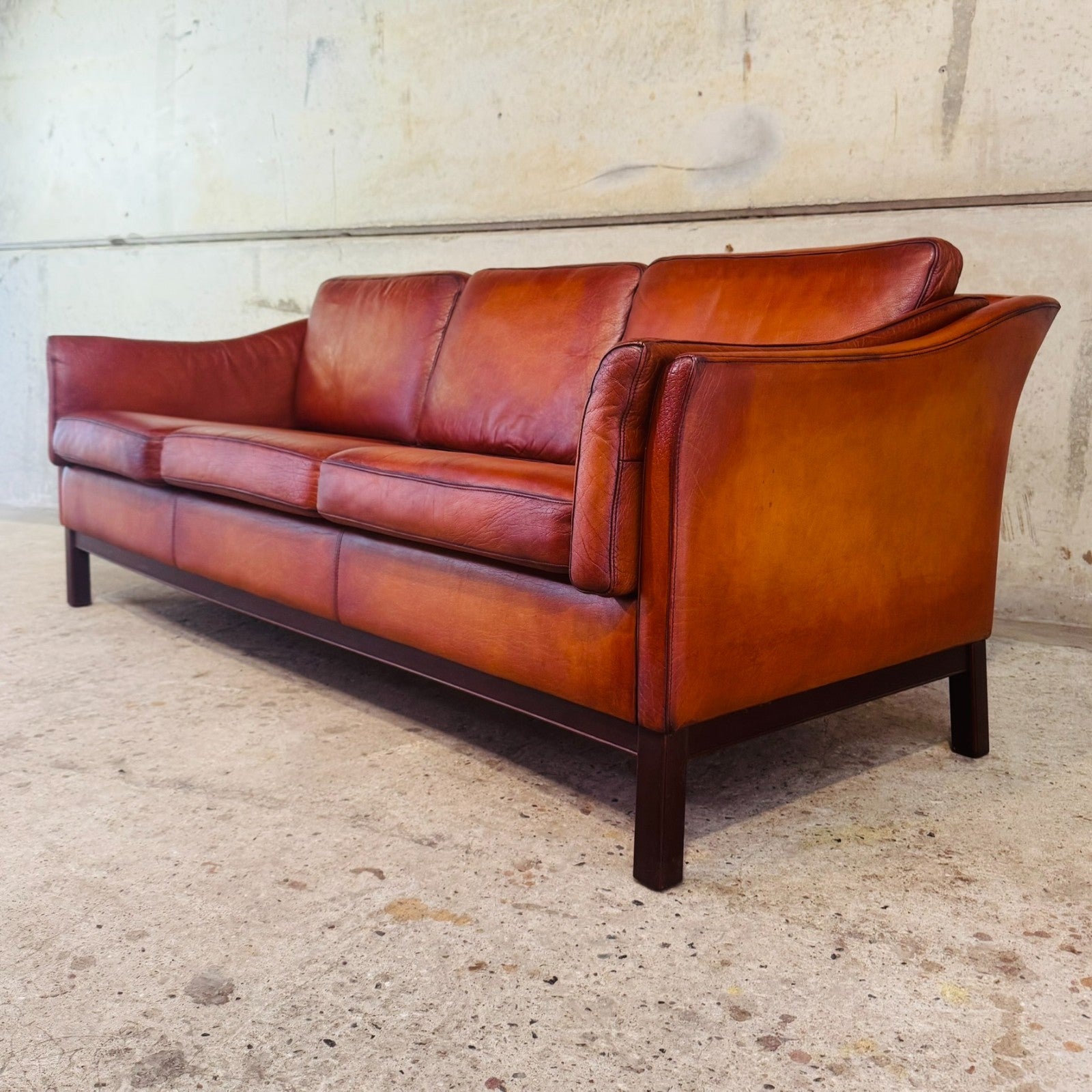 1970s Danish Cognac Leather 3 Seater Sofa — Curved Arms & Beech Plinth