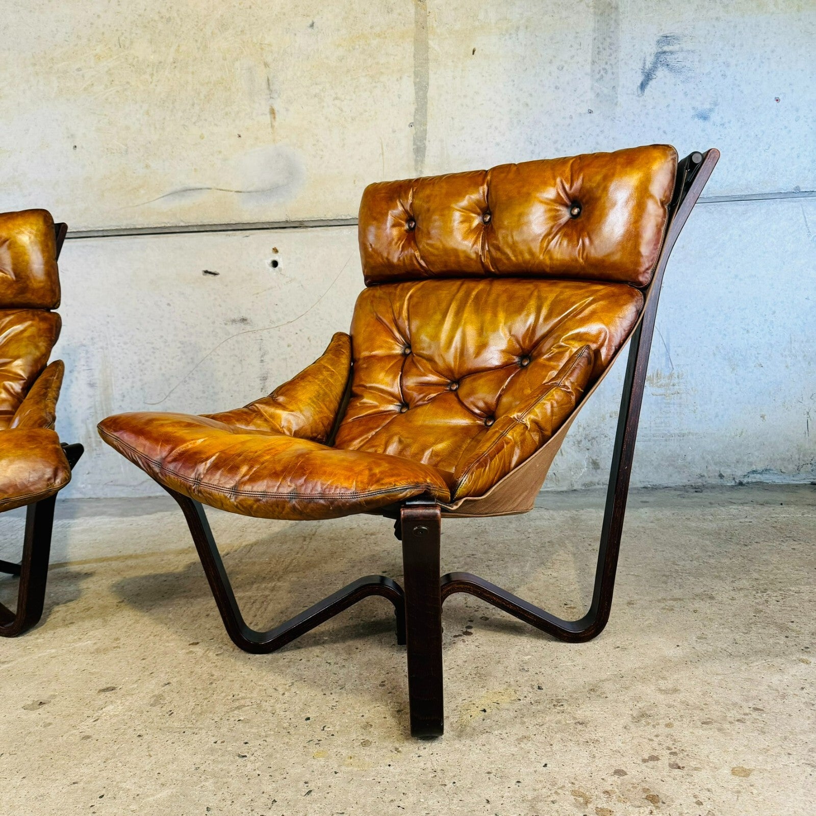 Vintage Pair of 70s Scandinavian Viking Chairs by Jim Myrstad Tan Leather