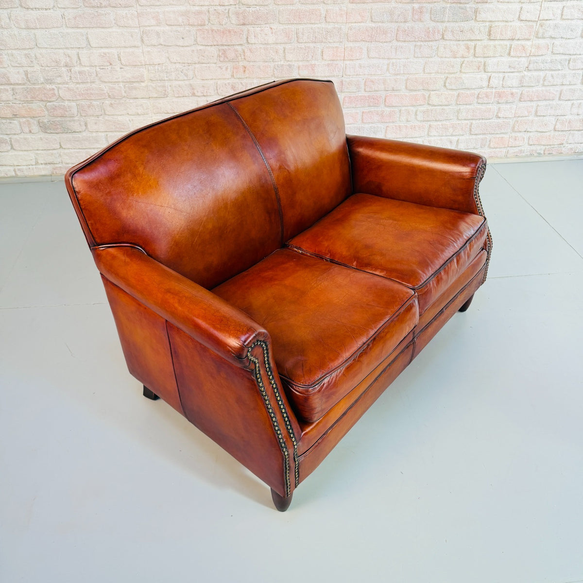 Vintage English Club Hand Dyed Cognac Tan Leather 2 Seater Sofa