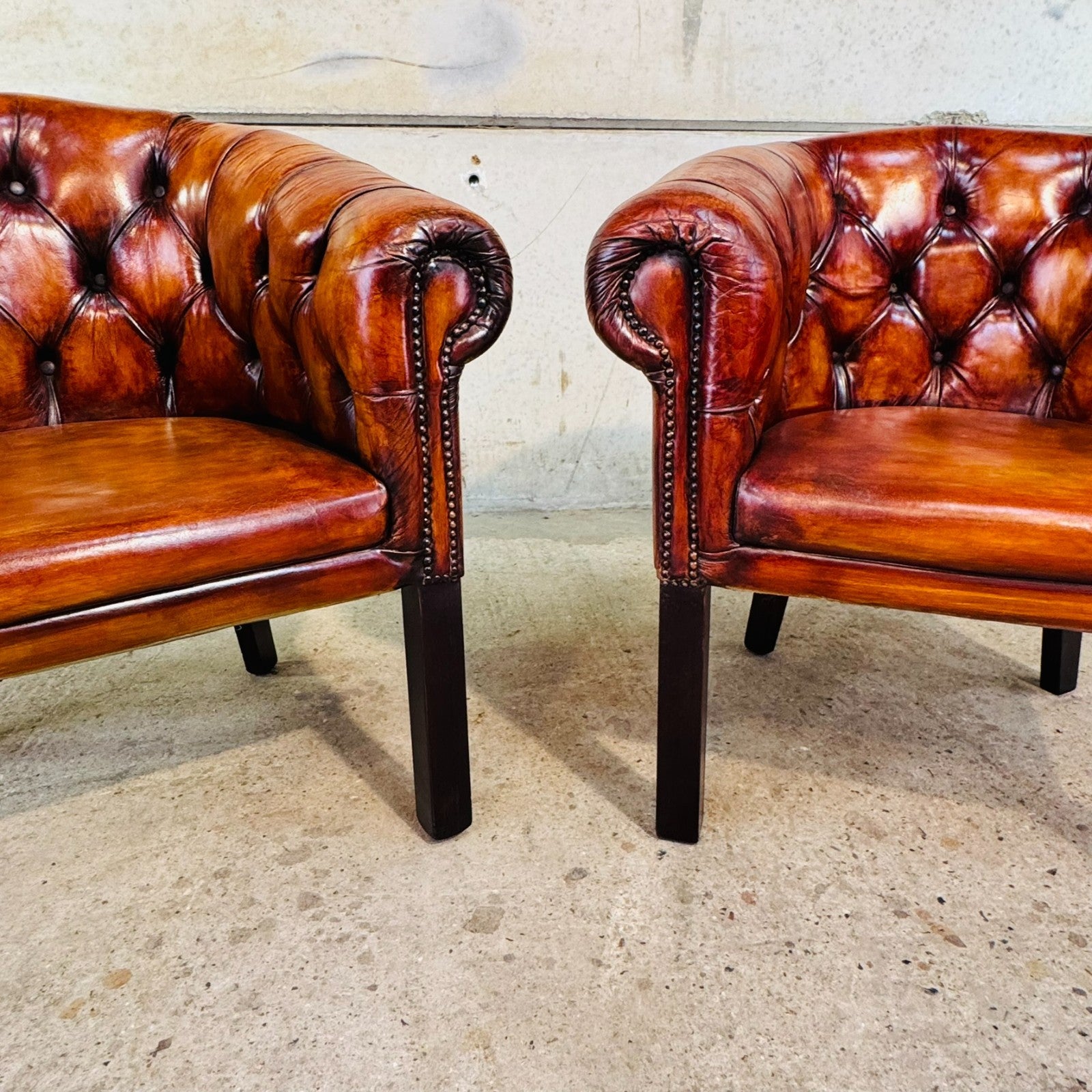 Pair of Elegant English Made Vintage Chesterfield Tan Leather Tub Chairs