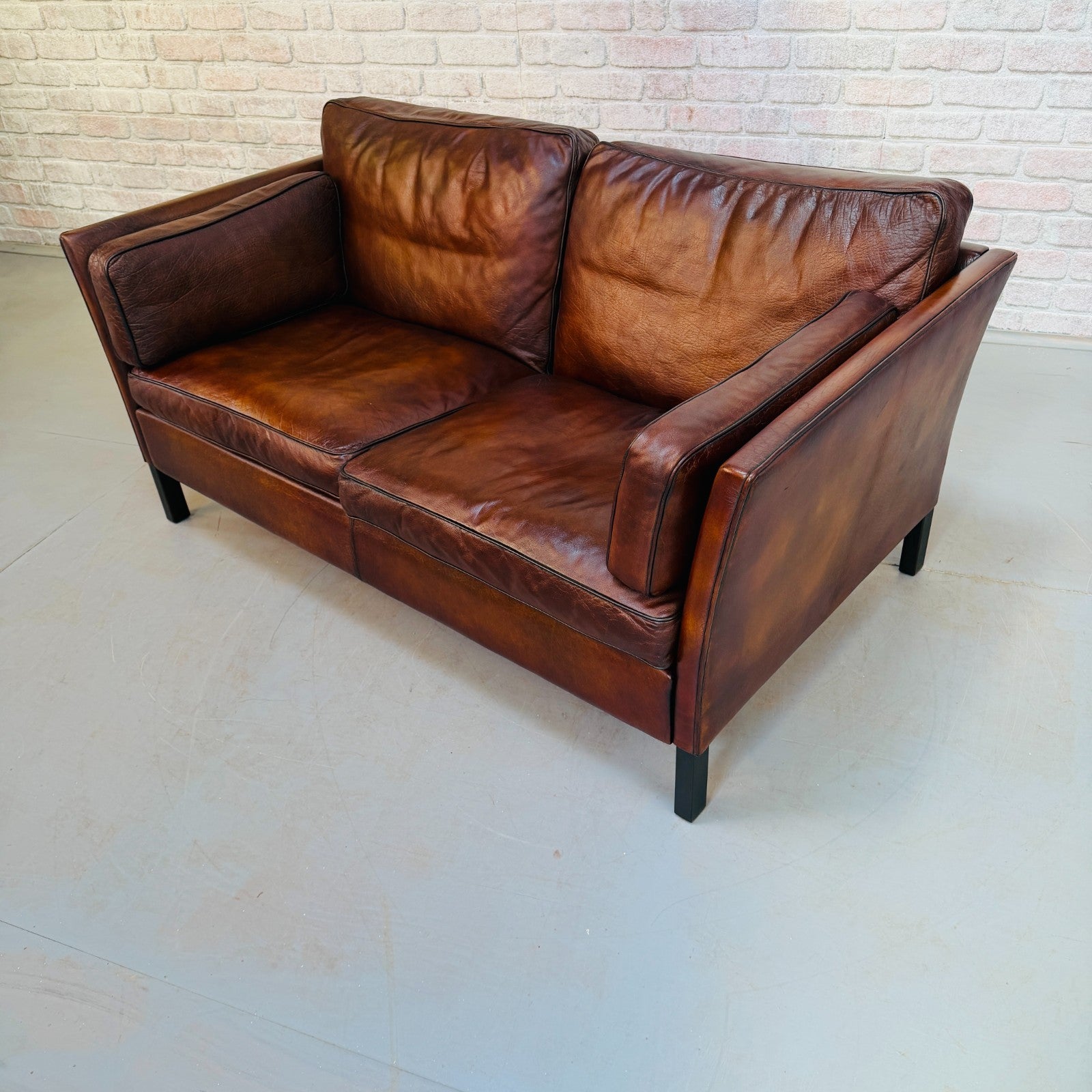 Vintage 1970s Danish Dark Tan Hand-Dyed Leather Two Seater Sofa