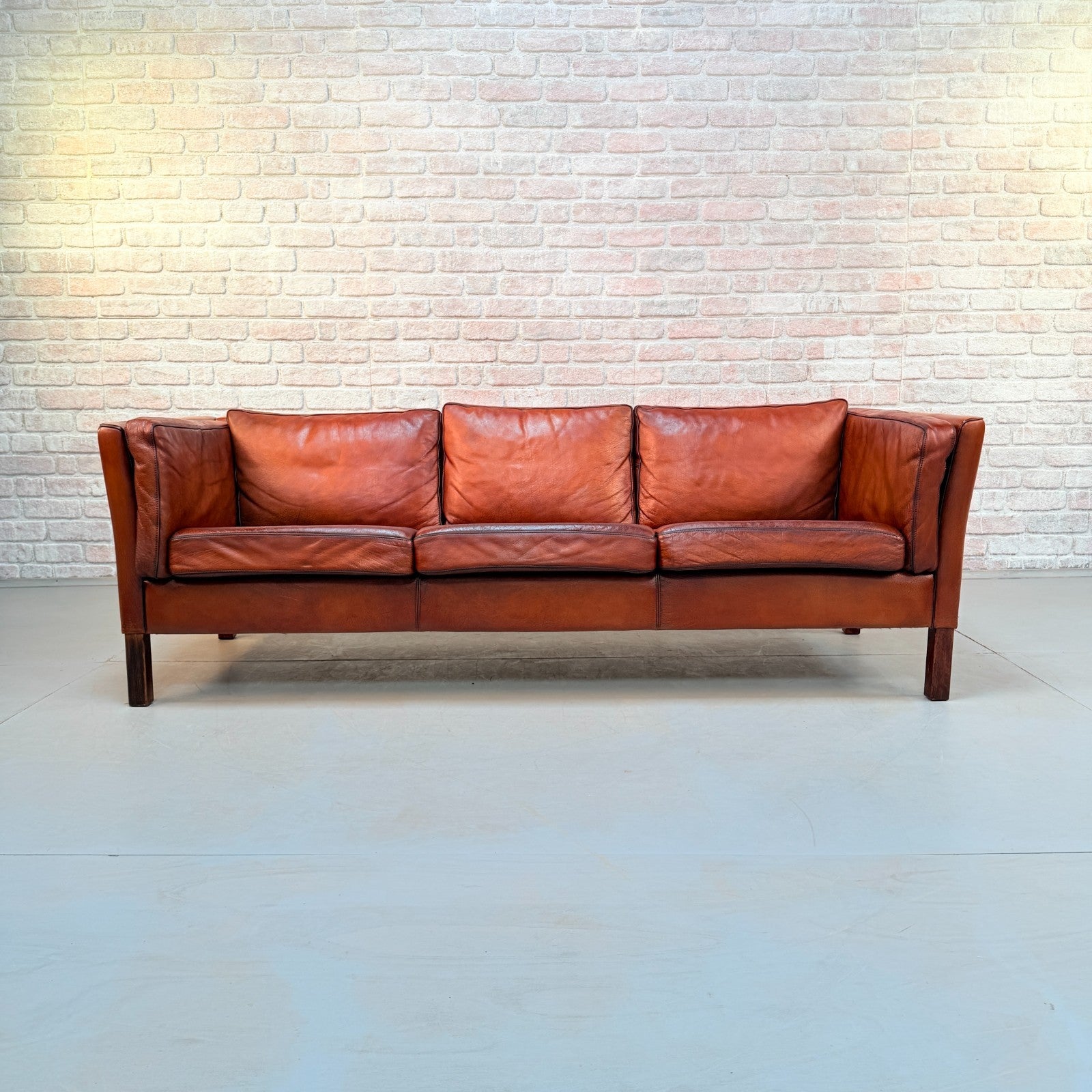 Vintage Danish Tan Hand-Dyed Leather Three Seater Sofa