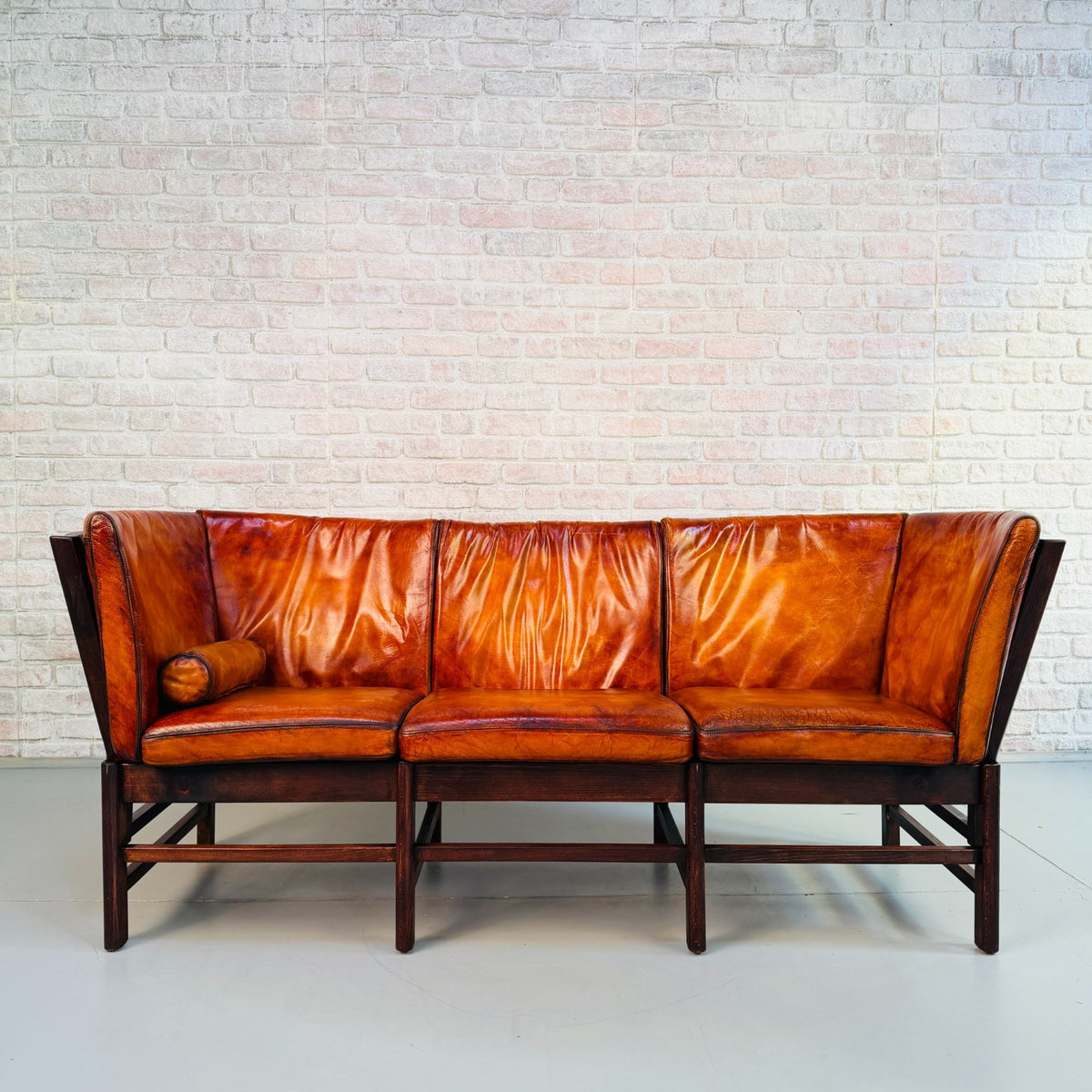 1970s Vintage Danish Hand Dyed Cognac Leather 3 Seater Sofa