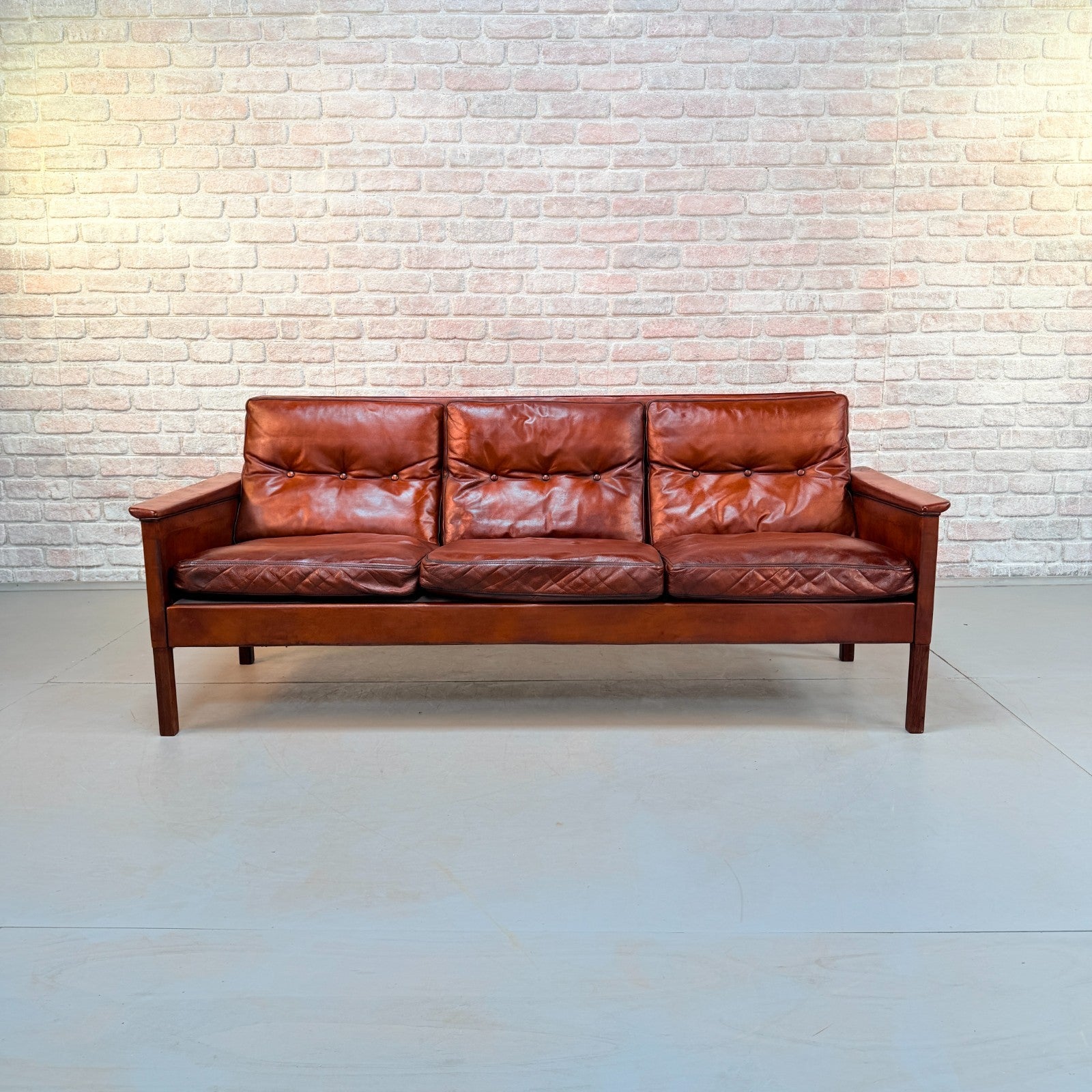 Vintage 1960s Danish Hans Olsen Brown Hand-Dyed Leather Three Seater Sofa