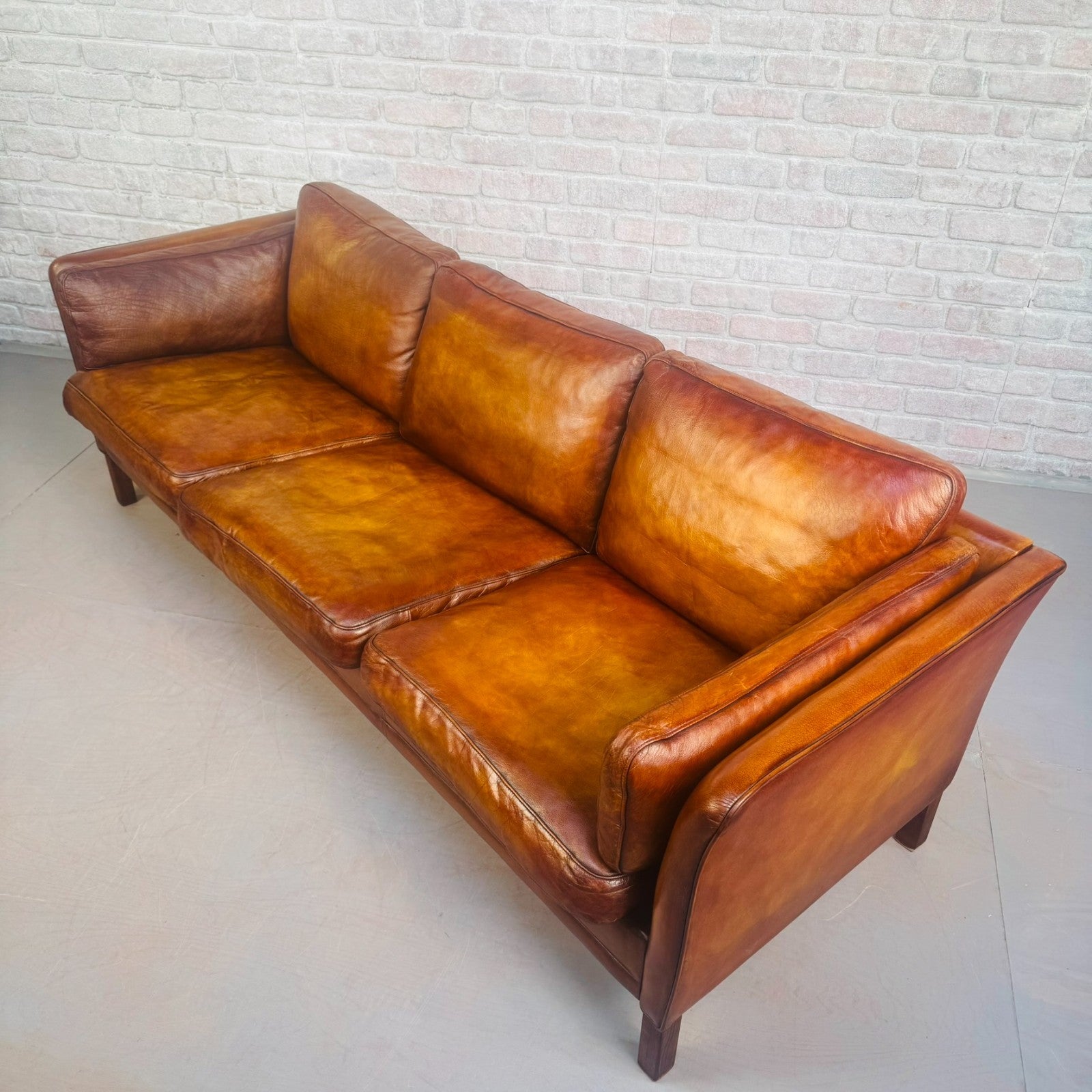 Vintage Long 70s Danish Mogens Hansen Tan Leather 3 Seater Sofa Feather Cushions