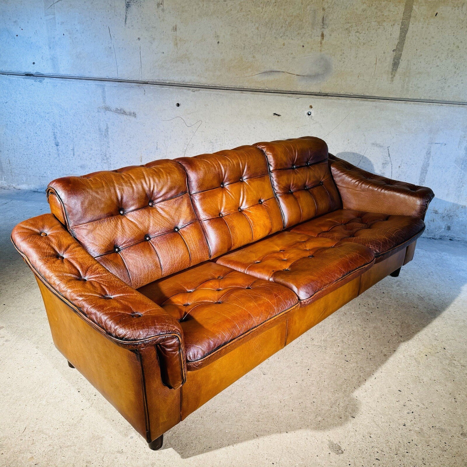 Vintage Danish Three-Seater Sofa - Bull Neck Leather, Hand-Dyed Tan Finish