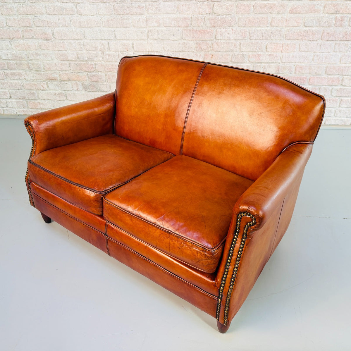 Vintage English Club Cognac Leather 2 Seater Sofa & Armchair Suite
