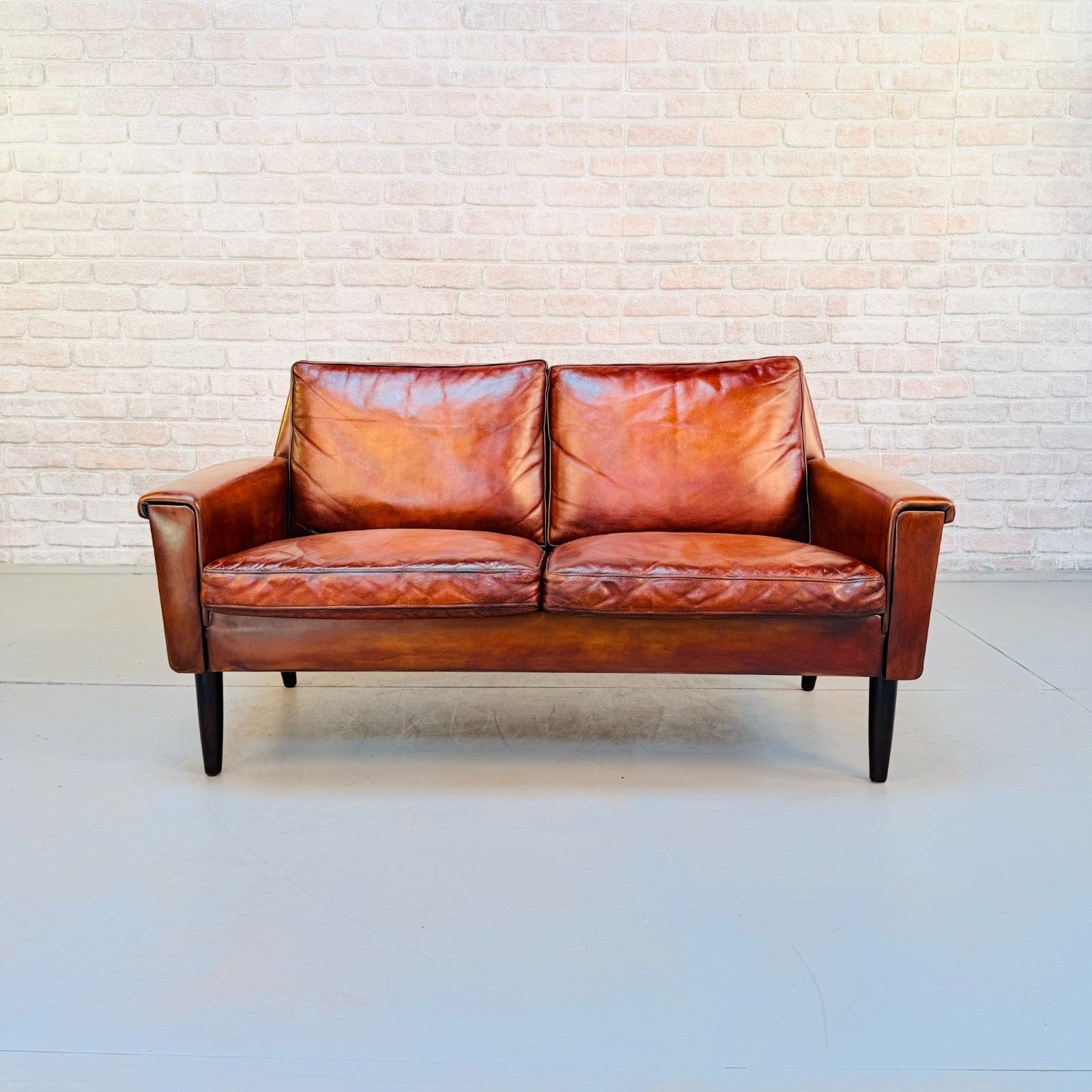 Vintage 1970s George Thams Tan Leather 2 Seater Sofa Hand Dyed Patina