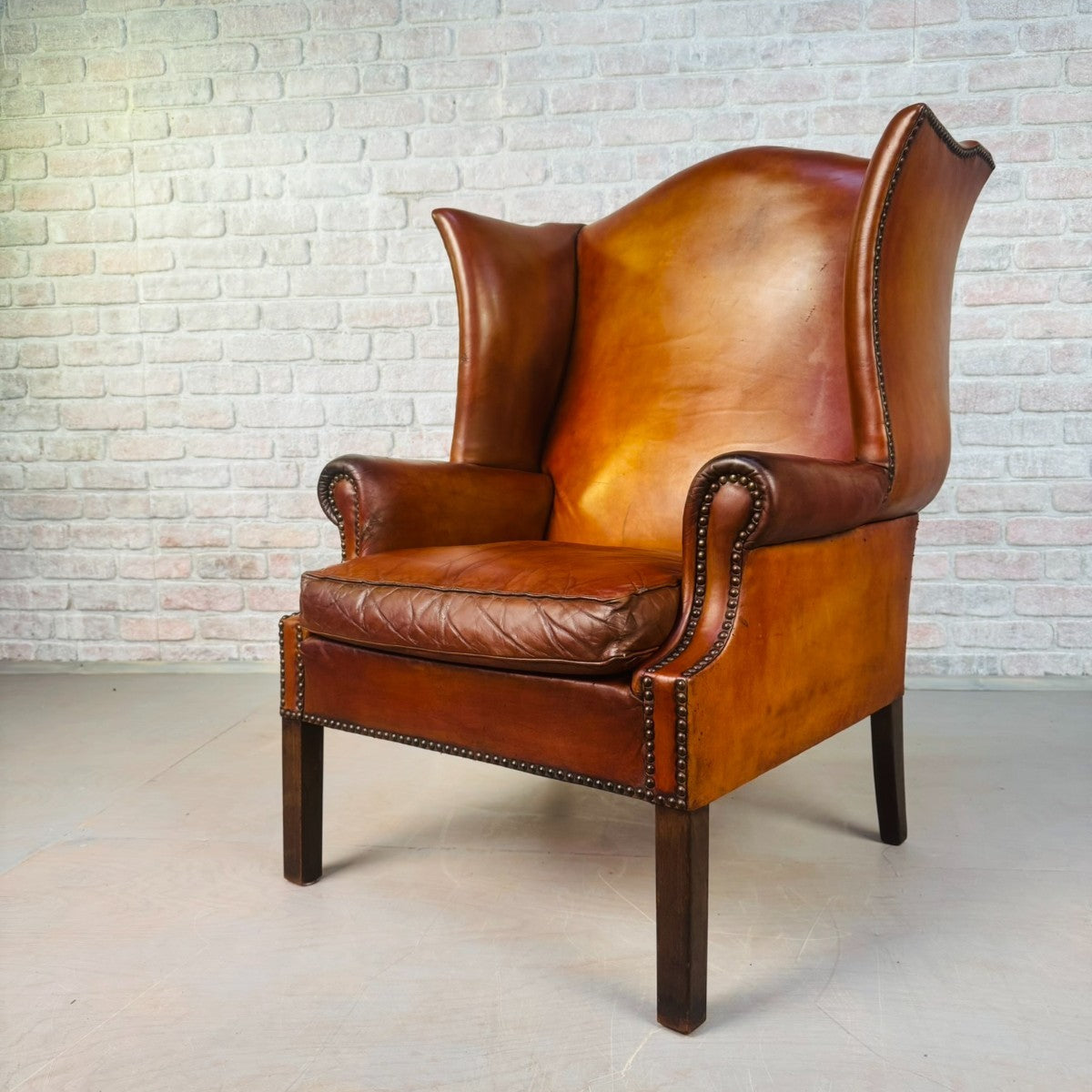 Vintage George III Style English Tan Leather Wingback Chair c.1940