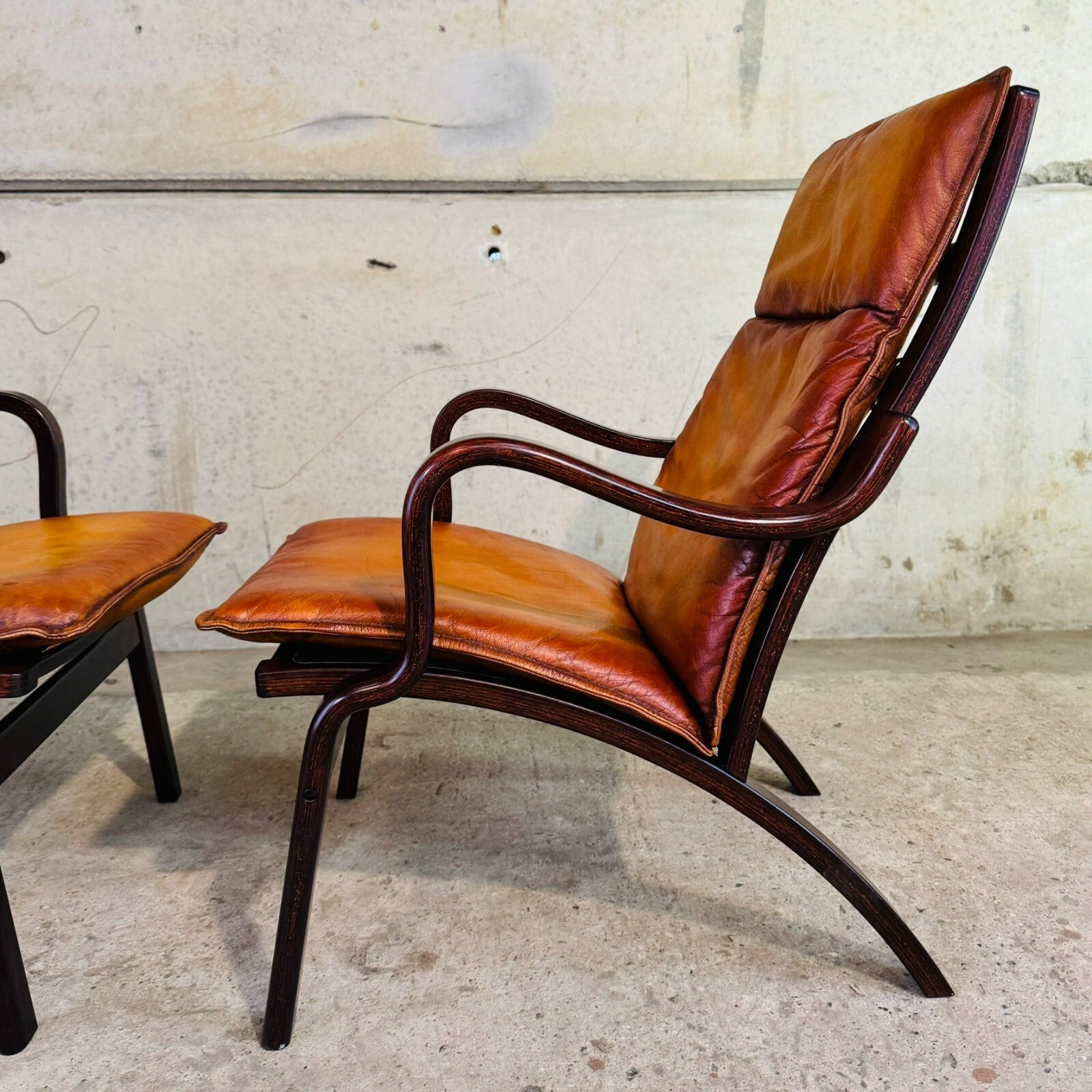 Vintage Stouby Danish His & Hers Bentwood Light Tan Leather Chairs