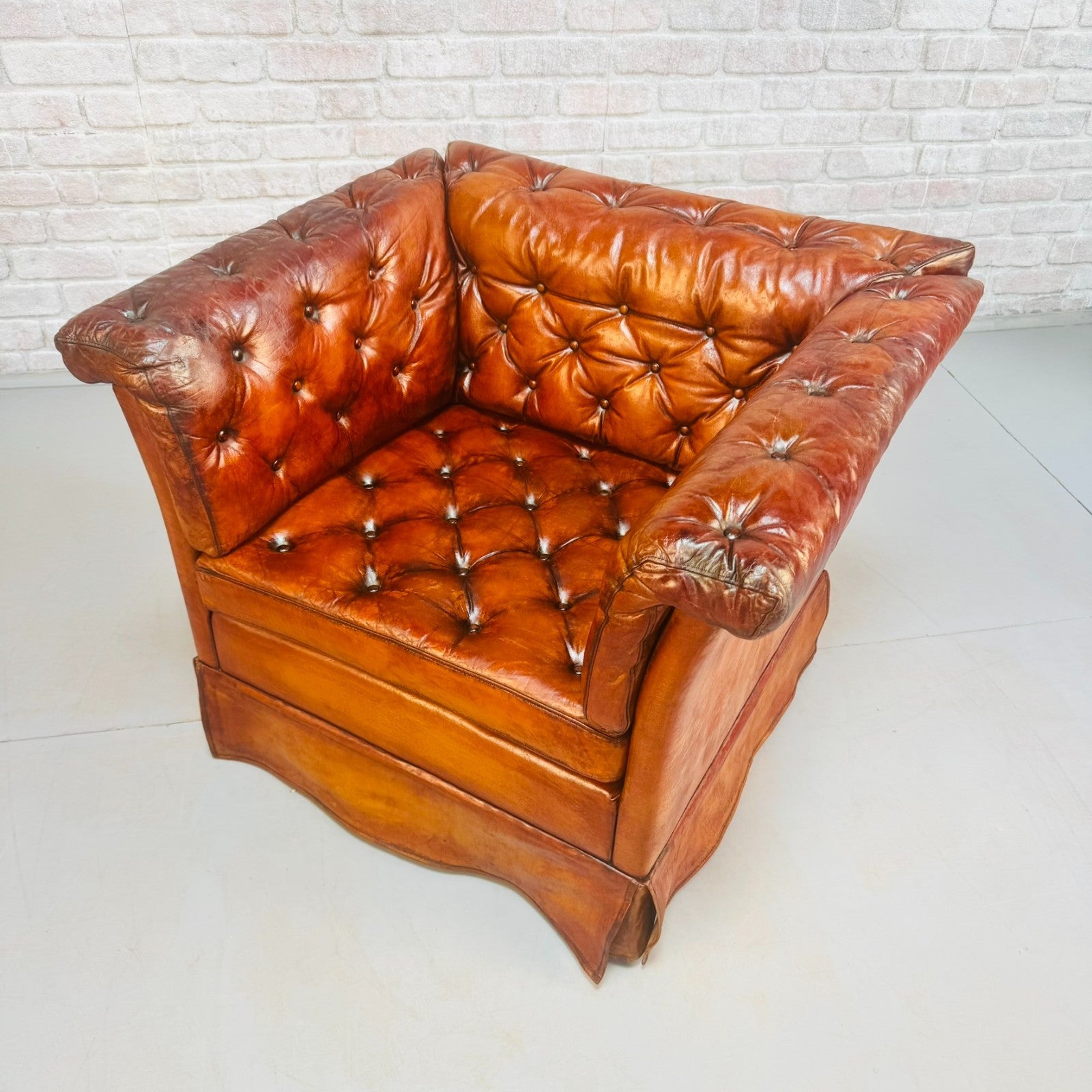 Vintage 1970s Danish Buttoned Tan Leather Armchair