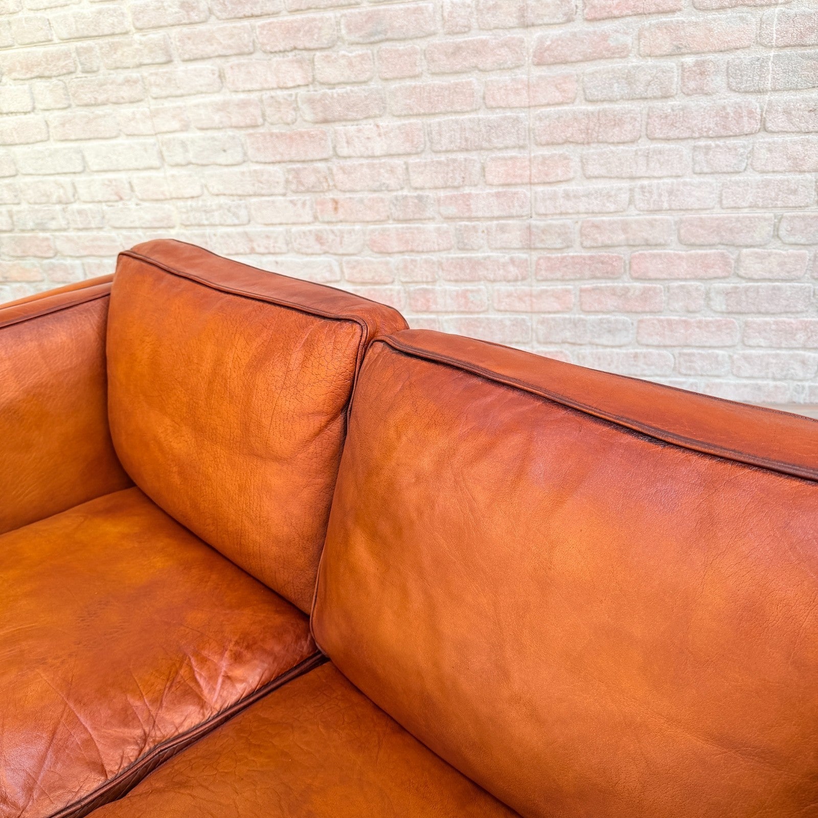 Vintage Danish Tan Leather 2 Seater Sofa Hand Dyed Buffalo Leather Patina