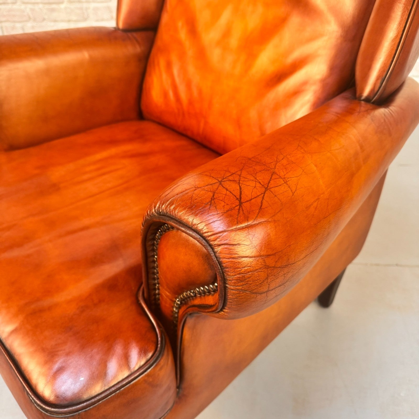 Vintage Danish Wingback Chair Tan Leather | Scandinavian Lounge Armchair