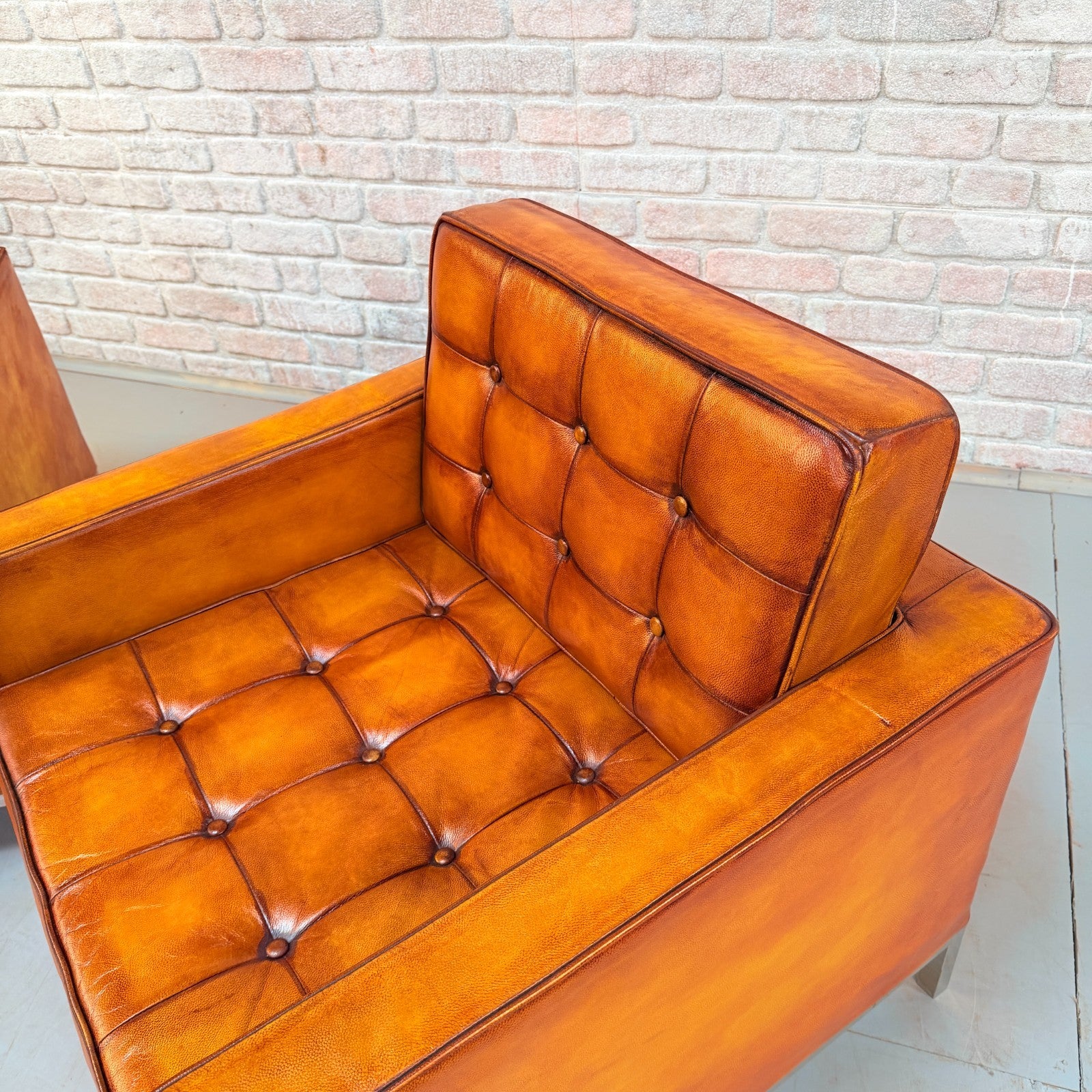 Vintage Pair of Florence Knoll Style Tan Leather Armchairs