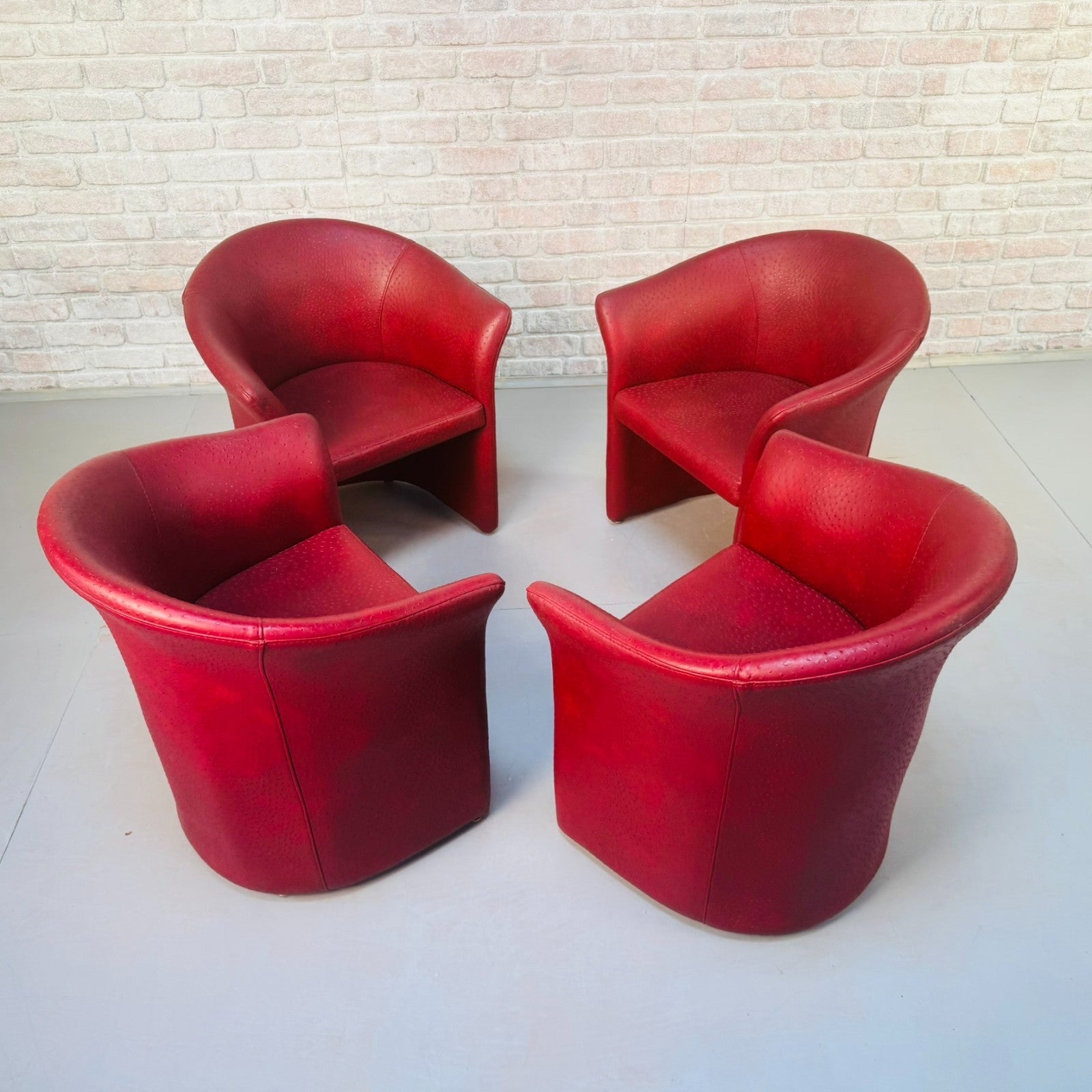 Set of Vintage Italian Red Faux Ostrich Leather Tub Chairs