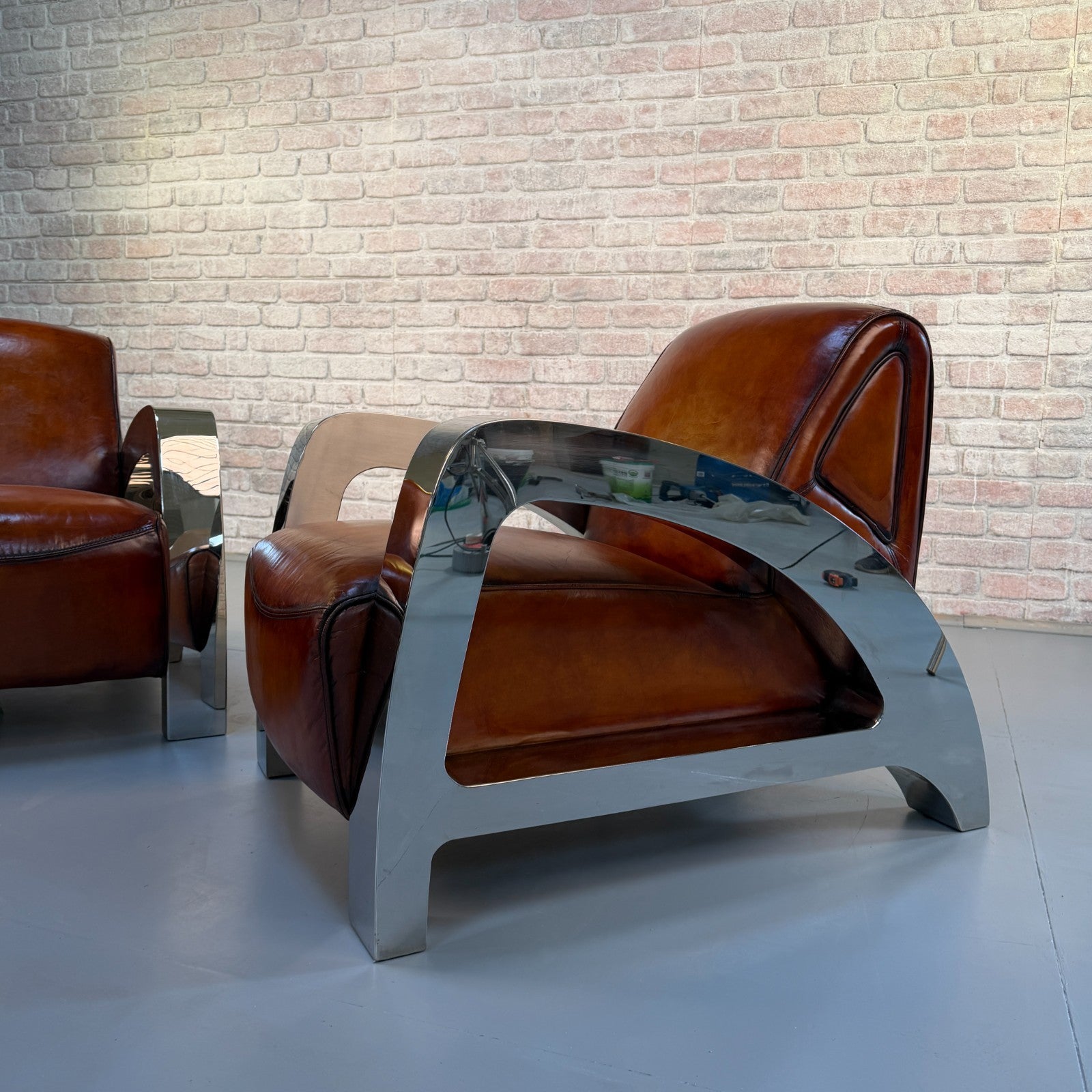 Stunning Pair of Vintage Art Deco Chrome Aviator Heritage Brown Leather Armchair