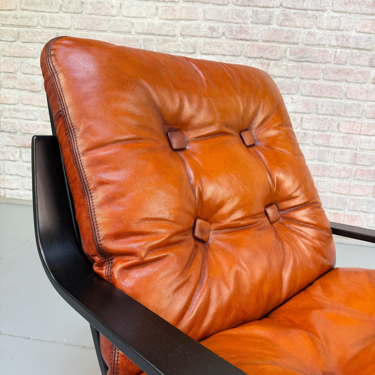 Vintage Danish Cognac Tan Leather Swivel Armchair Black Beech Frame