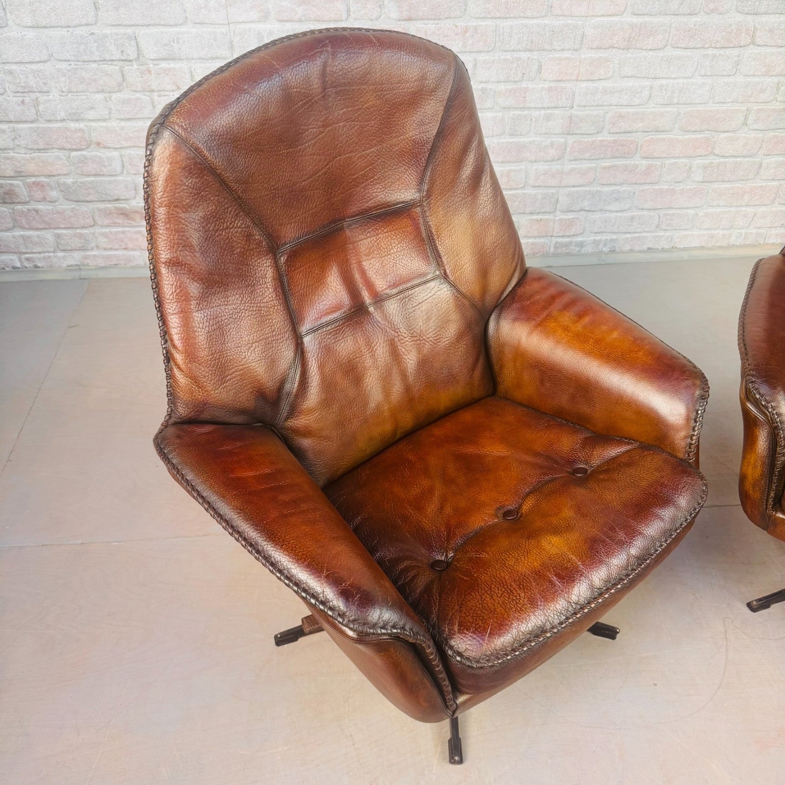Vintage Pair 1970s Danish Berg Mobler Brown Leather Swivel Chairs Mid Century