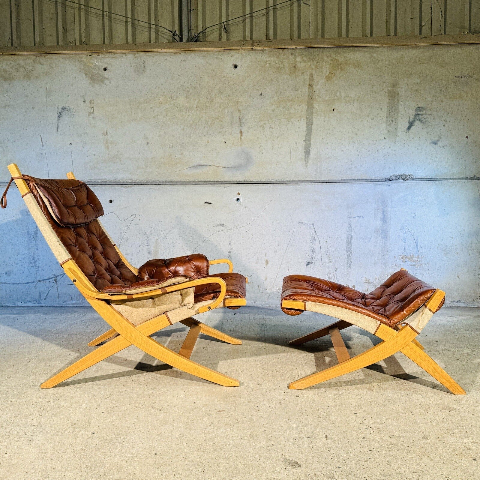 Stylish Swedish 1970s Tan Leather And Canvas Armchair and Footstool