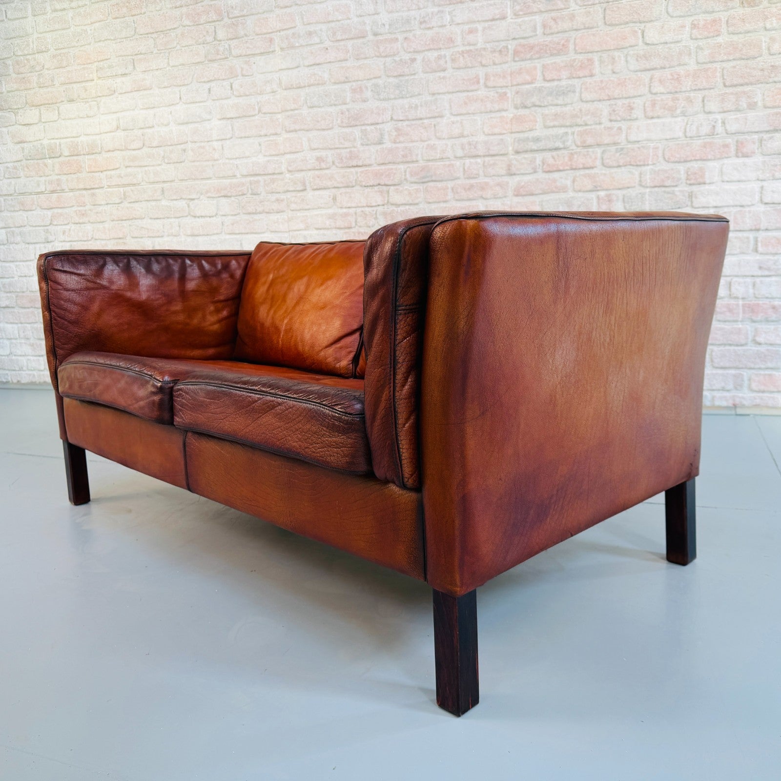 Vintage 1970s Danish Tan Leather Box Two Seater Sofa