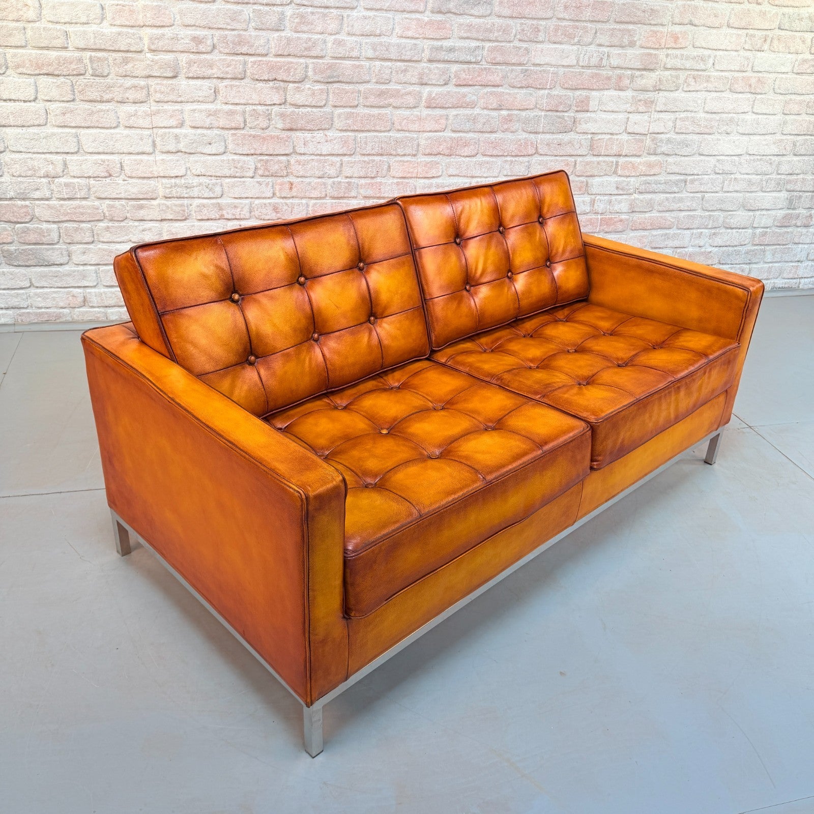 Vintage Florence Knoll Style Tan Leather Two Seater Sofa