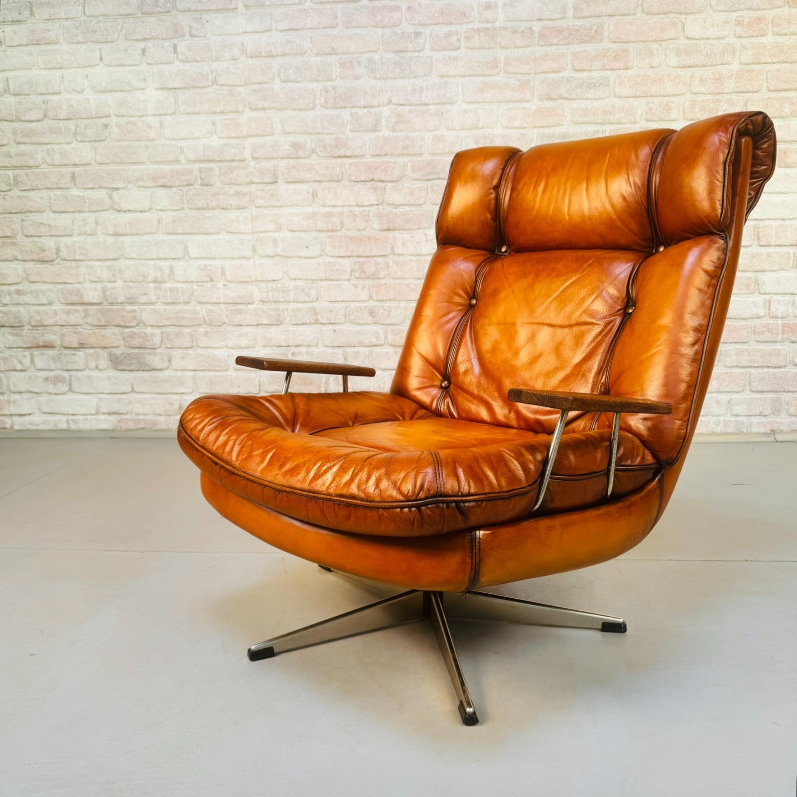 Vintage Danish Swivel Armchair Hand Dyed Tan Leather | Scandinavian Lounge
