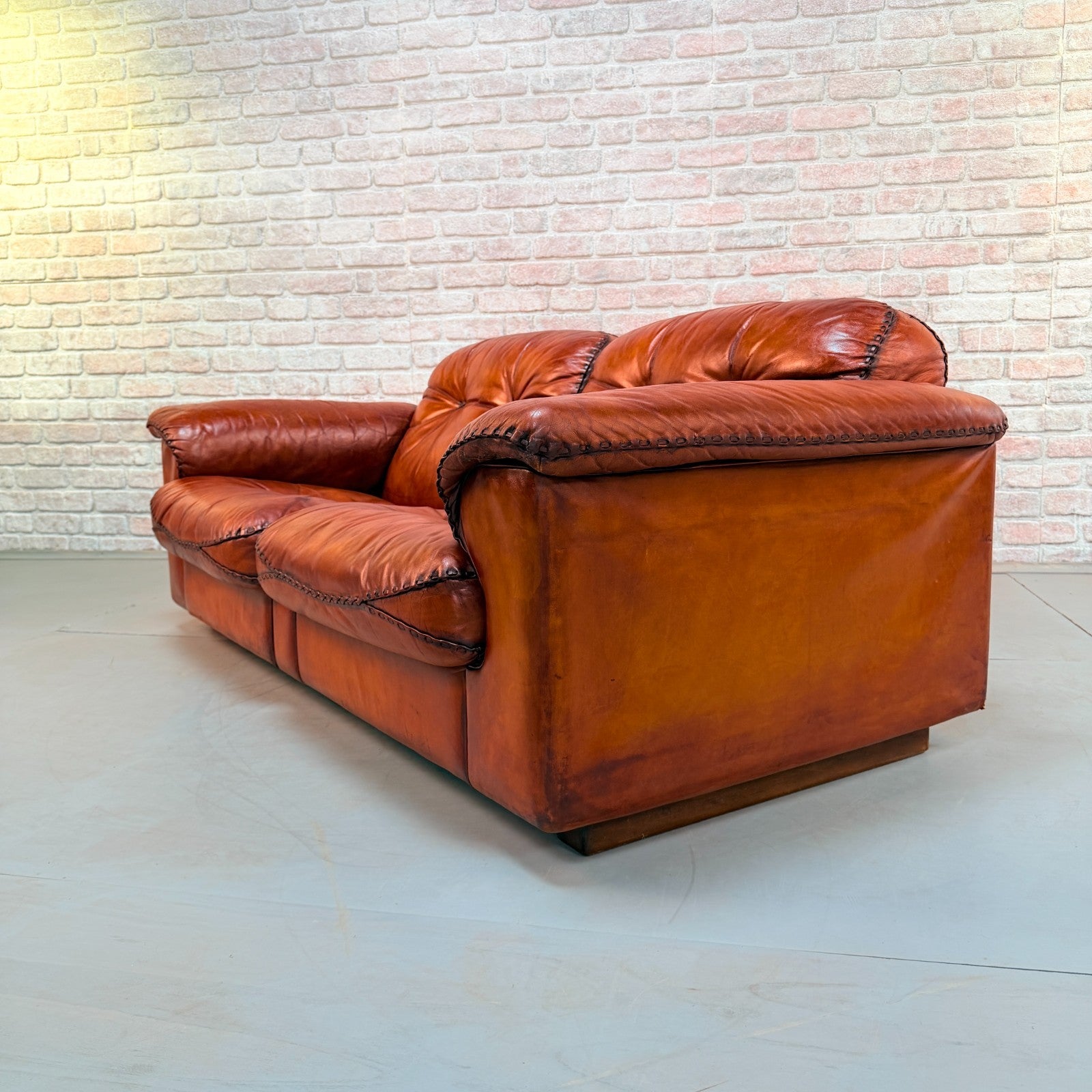 Vintage 70s De Sede DS-101 Two Seater Sofa & Footstool Cognac Leather Switzerlan