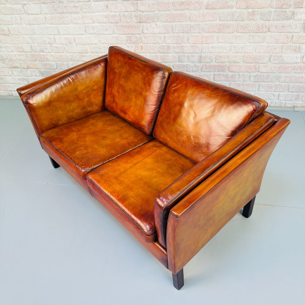 Vintage Danish Tan Leather 2 Seater Sofa – Mid Century Modern Hand Dyed Patina