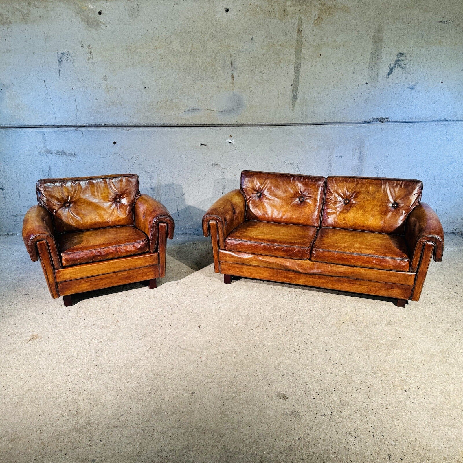 Vintage 1970s Danish Svend Skippers  Leather Sofa Two-Seater and Chair Set #A242