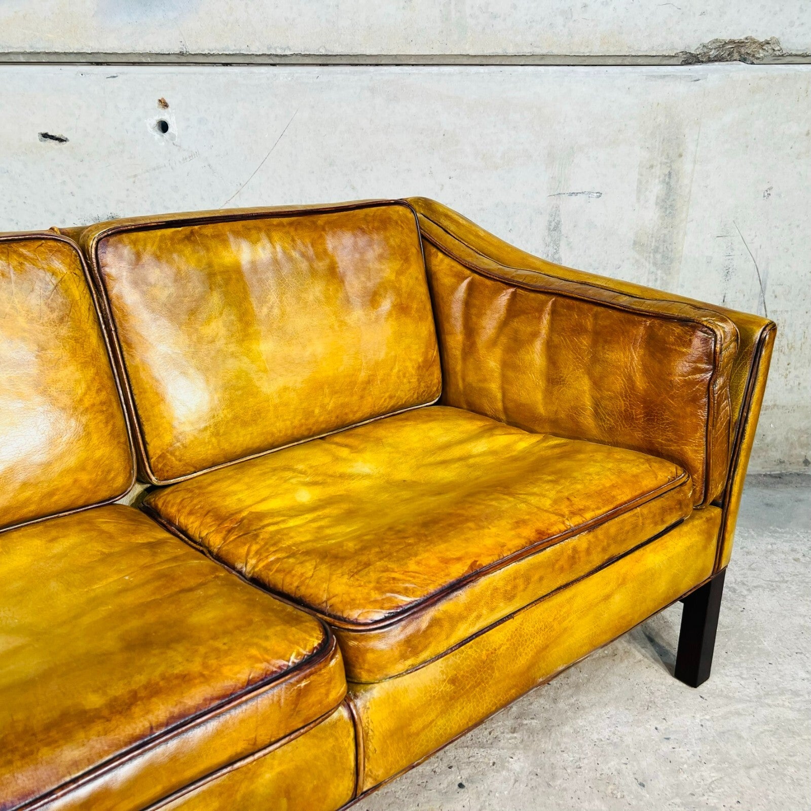 Vintage 1970s Danish Erik Jorgensen Patinated Light Tan Three-Seater Leather Sofa