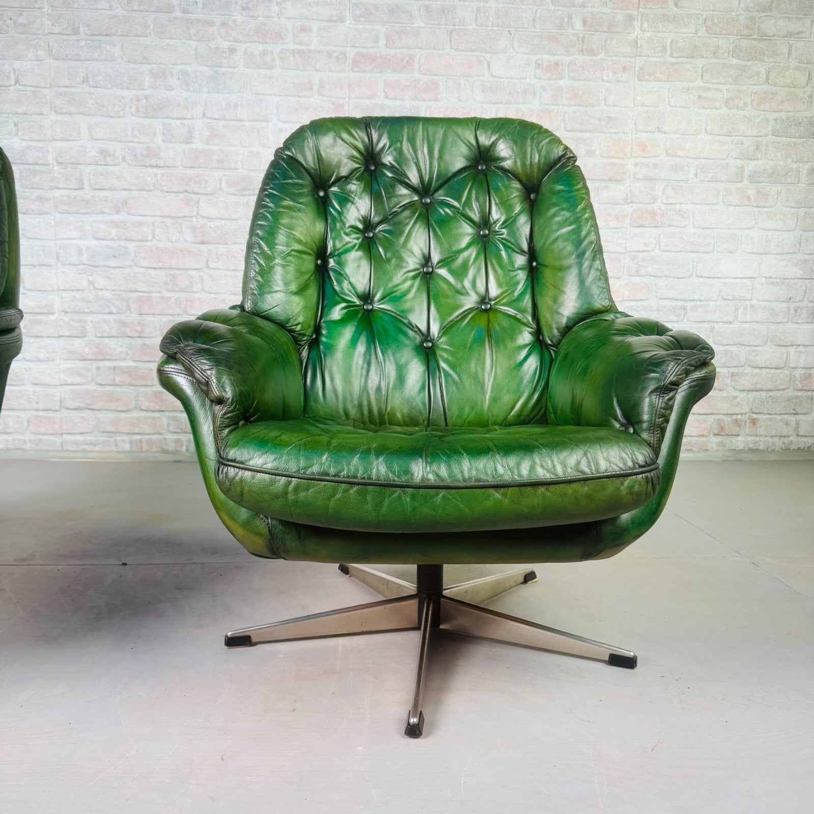 Pair of Vintage Danish Green Leather Swivel Chairs