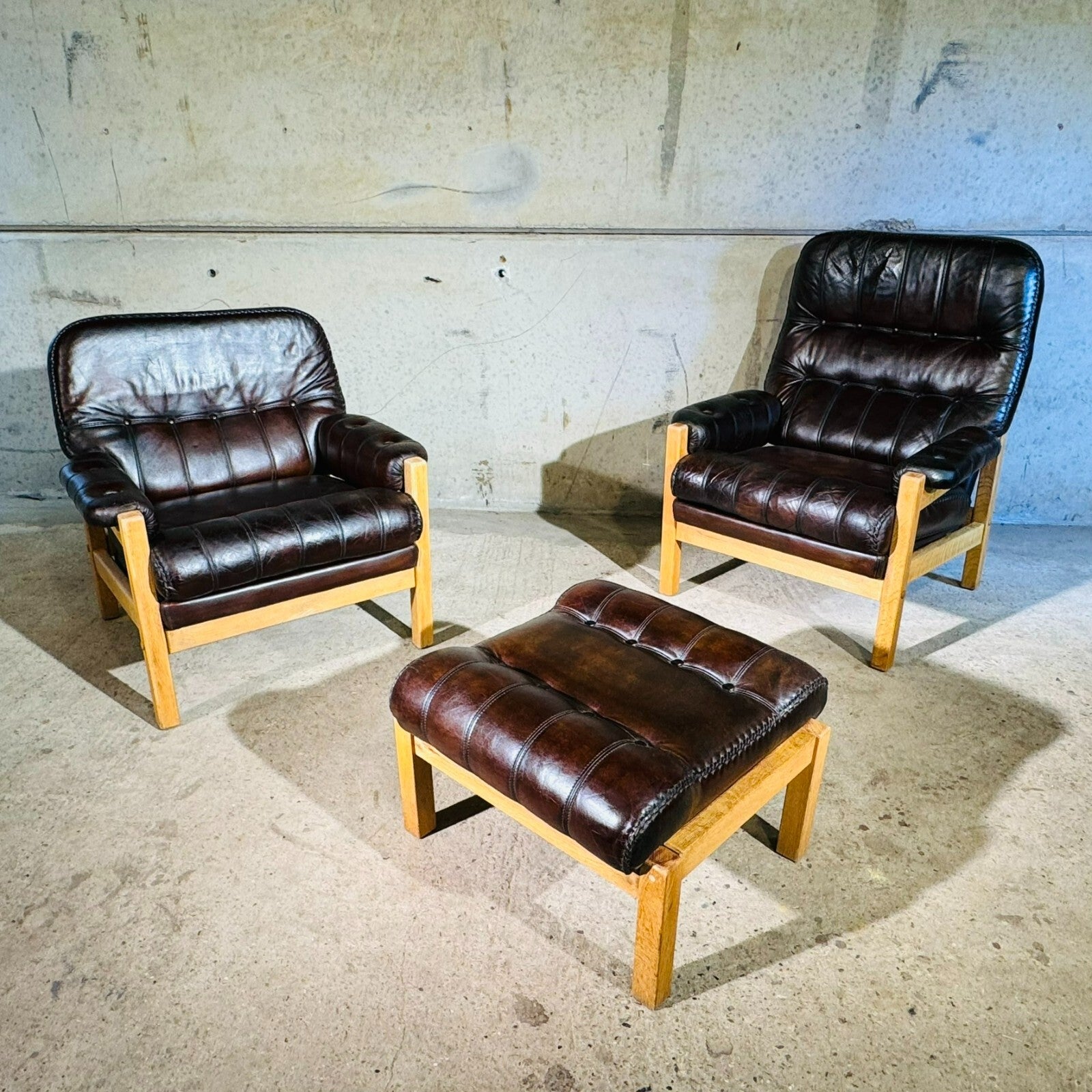 Vintage His and Hers Leather & Oak Swedish Chairs 1970s with Footstool