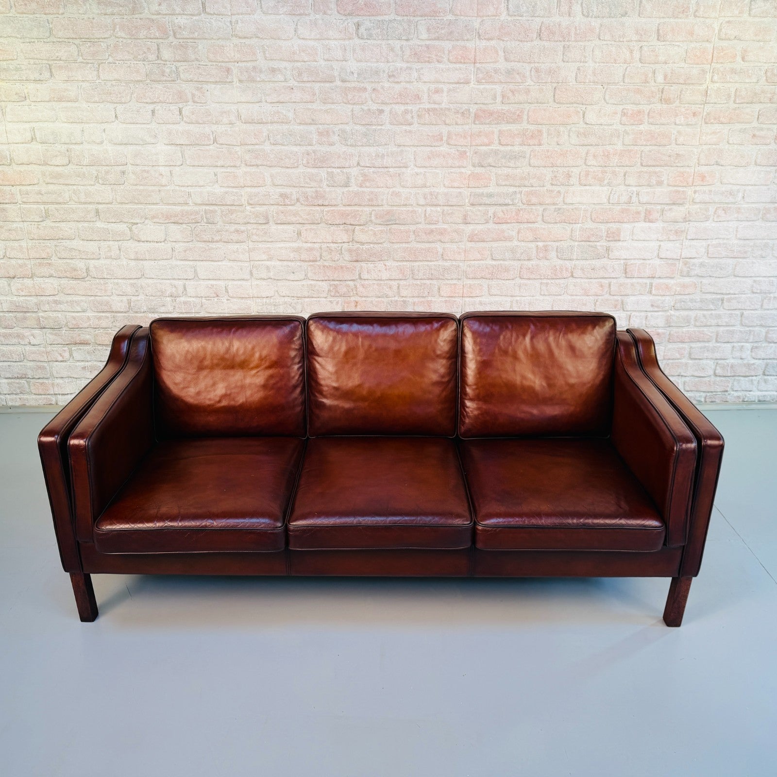 Vintage Danish Børge Mogensen Style Cigar Brown Leather Three Seater Sofa