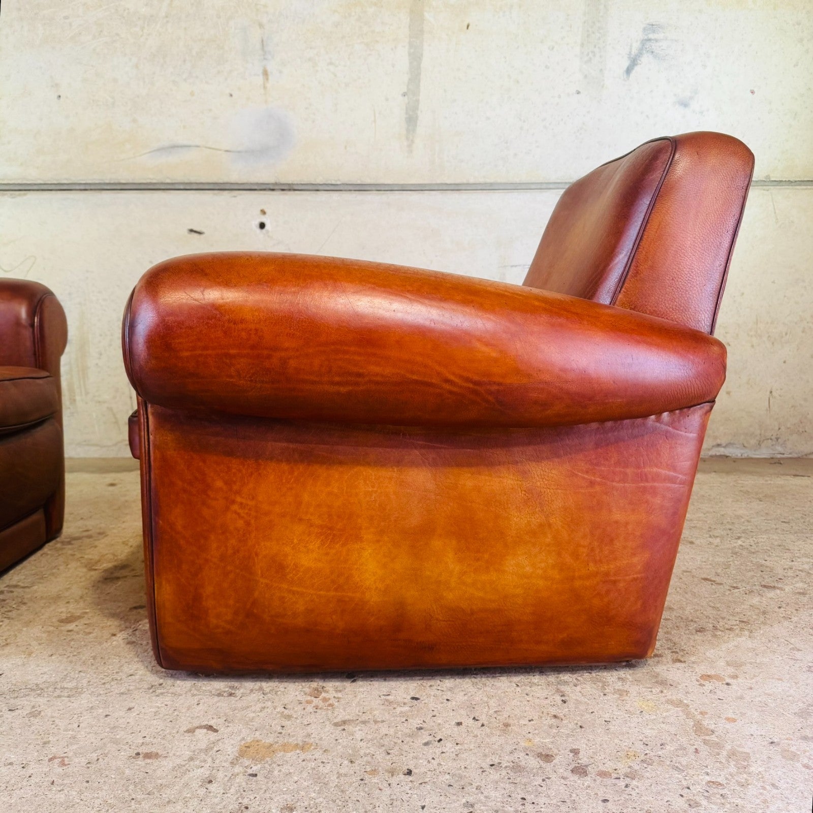 Pair of Vintage Art Deco Style Italian Tan Leather Club Chairs by Baxter
