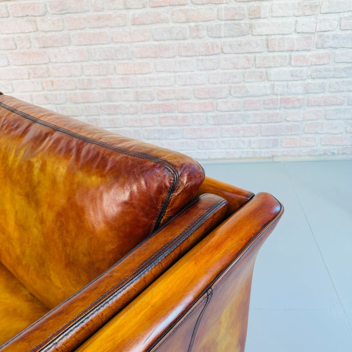 Vintage Danish Hand Dyed Tan Leather 2.5 Seater Sofa Mid Century