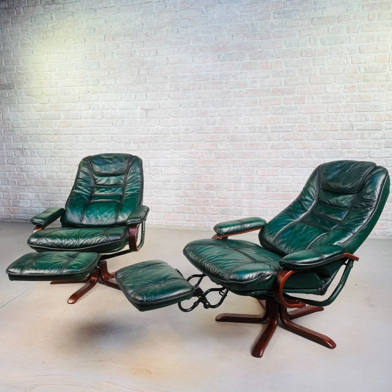 Vintage Pair of Norwegian Green Leather Reclining Swivel Chairs with Footstools
