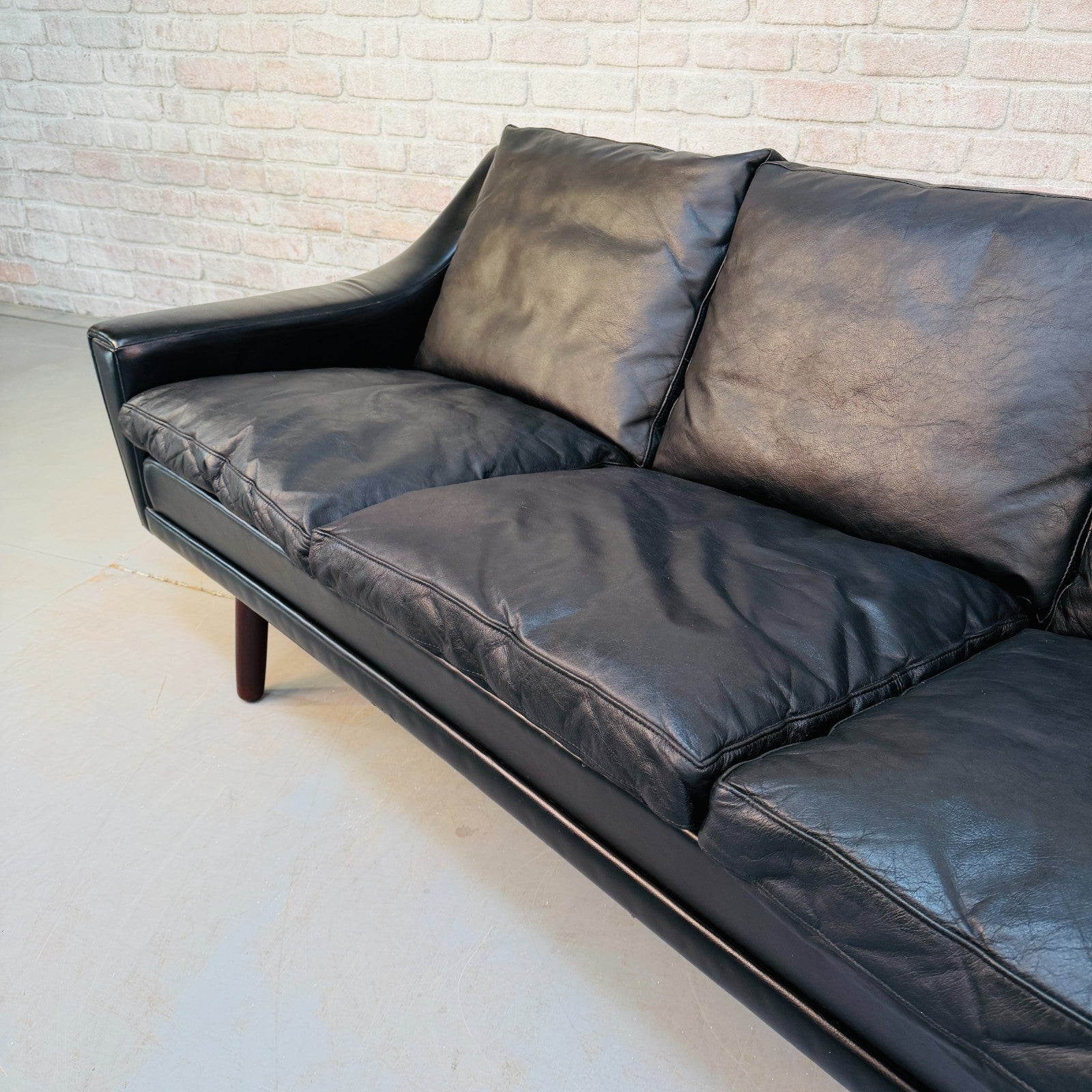 Vintage 1970s Danish George Thams Black Hand-Dyed Leather Four Seater Sofa